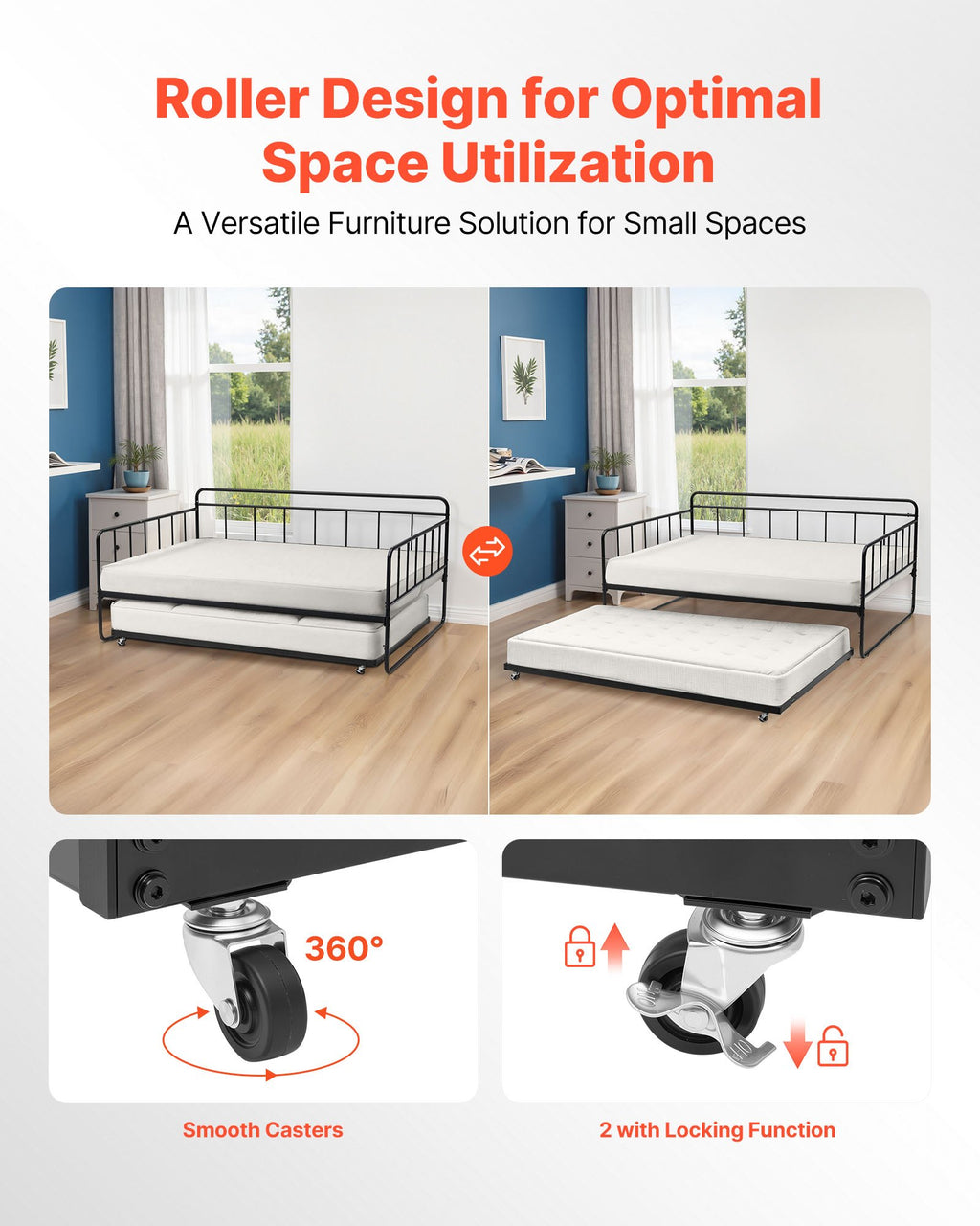Metalinė sofa-lova su ištraukiama dalimi VEVOR YJX-BF-001, 181 kg apkrova