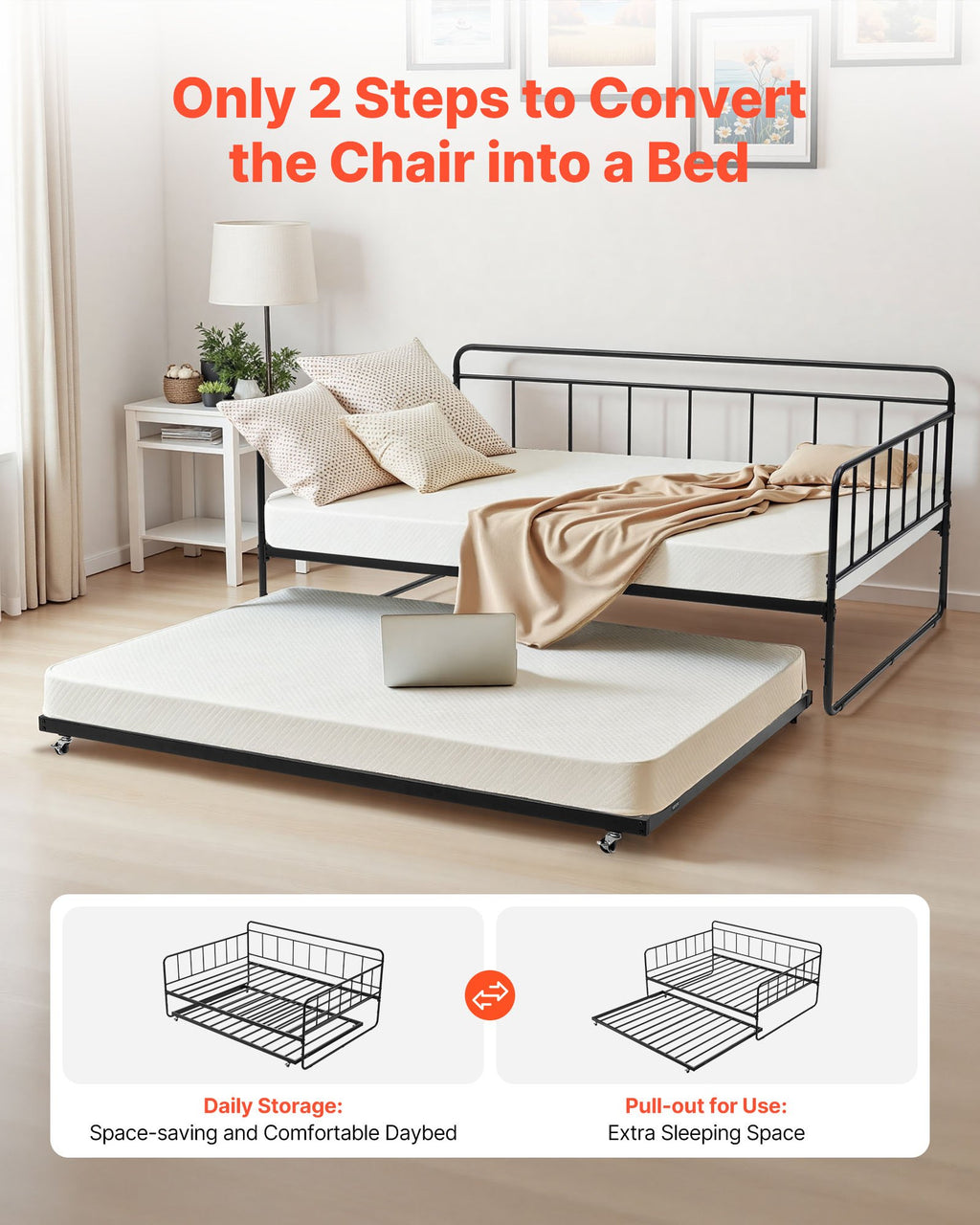 Metalinė sofa-lova su ištraukiama dalimi VEVOR YJX-BF-001, 181 kg apkrova