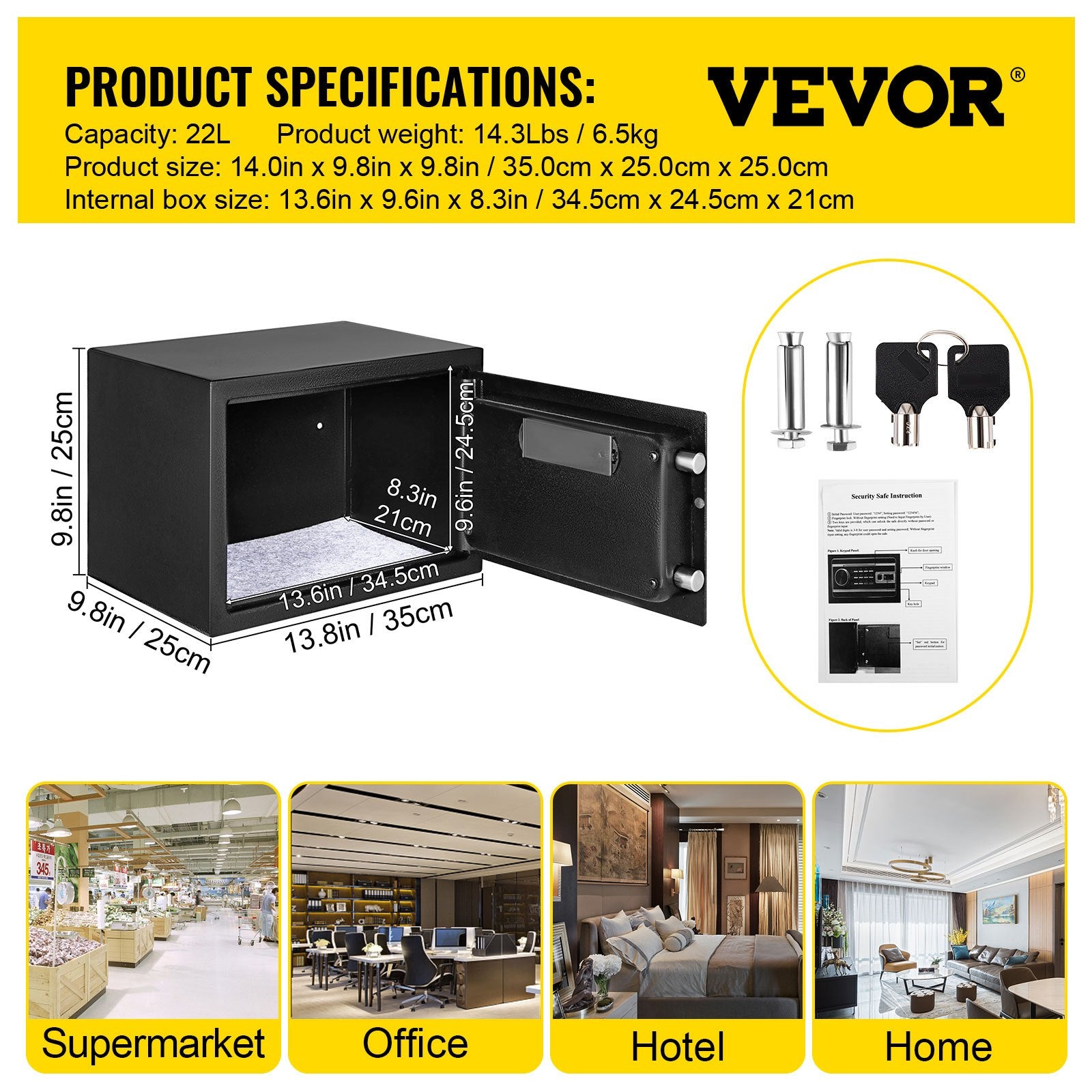 Seifas VEVOR 22L, su biometrine spyna
