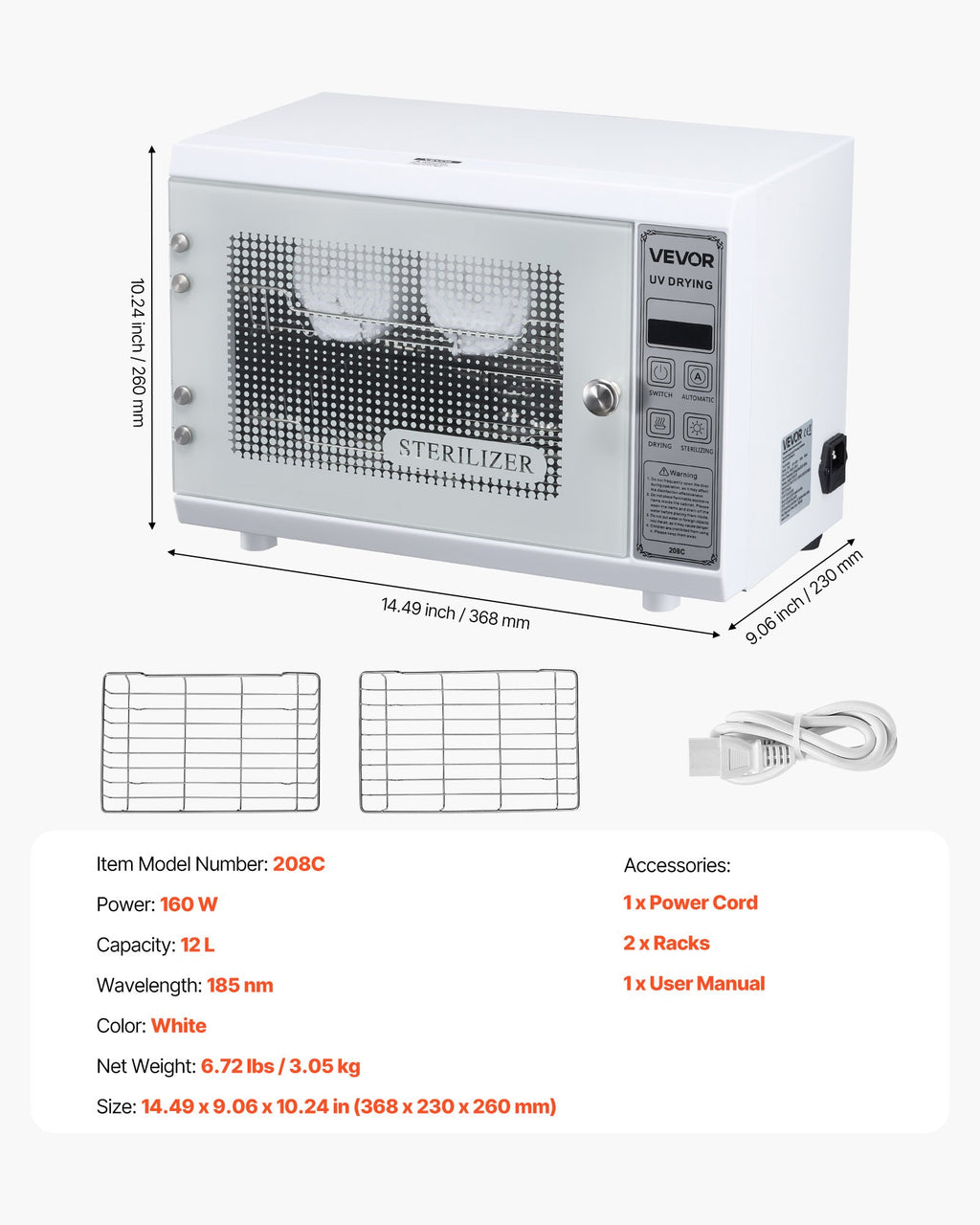 Nagų įrankių sterilizatorius VEVOR 208C, 12 l talpa