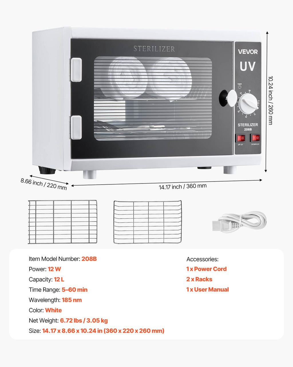Nagų įrankių sterilizatorius VEVOR 208B, 12L talpa