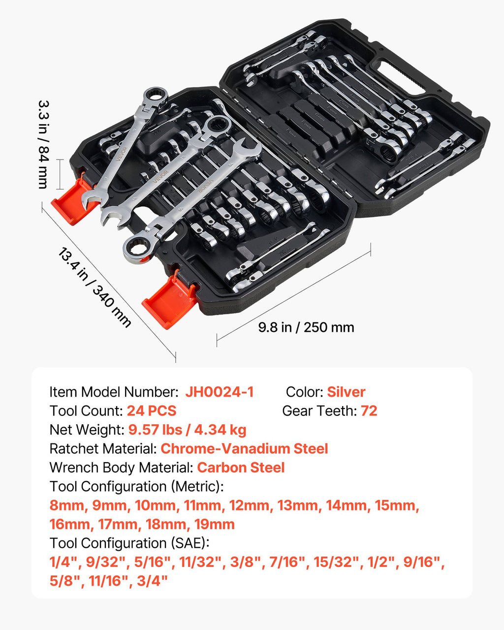 Lanksčių galvučių terkšlinių raktų rinkinys VEVOR JH0024-1, 24 vnt.