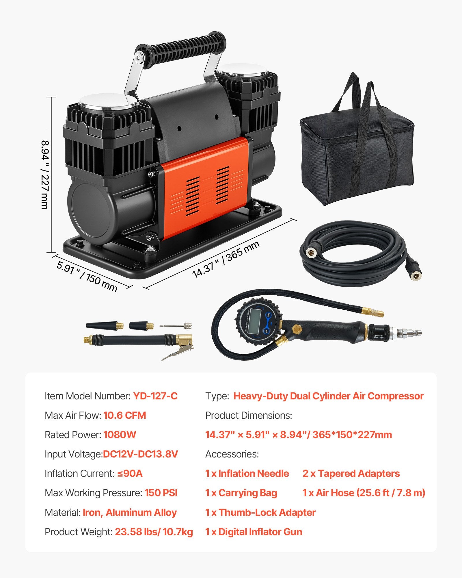 Dviejų cilindrų oro kompresorius VEVOR YD-127-C, 300 l/min