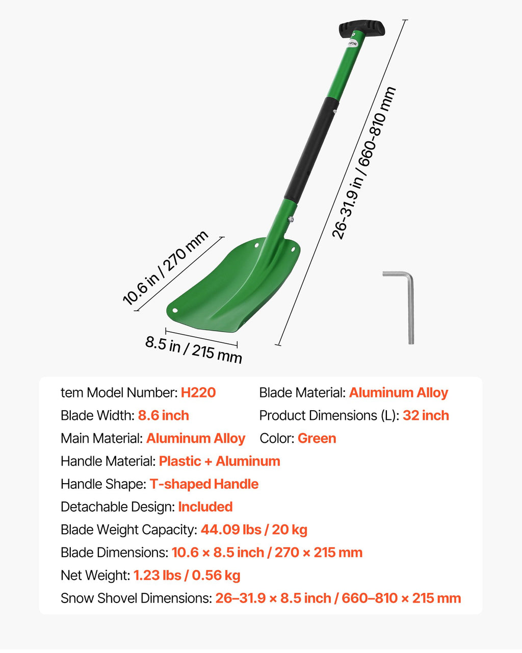 Sniego kastuvas VEVOR H220, 21,5 cm pločio