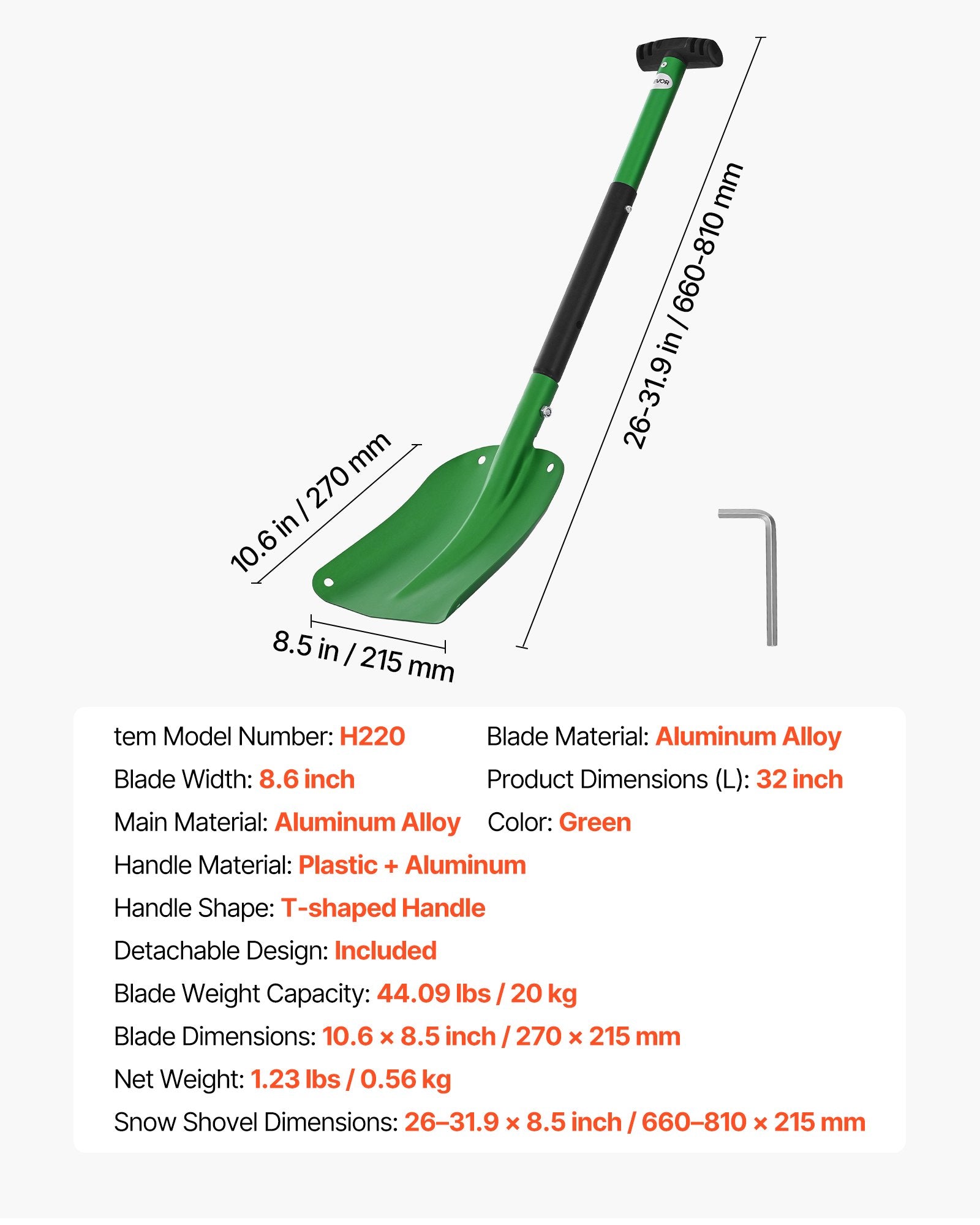 Sniego kastuvas VEVOR H220, 21,5 cm pločio