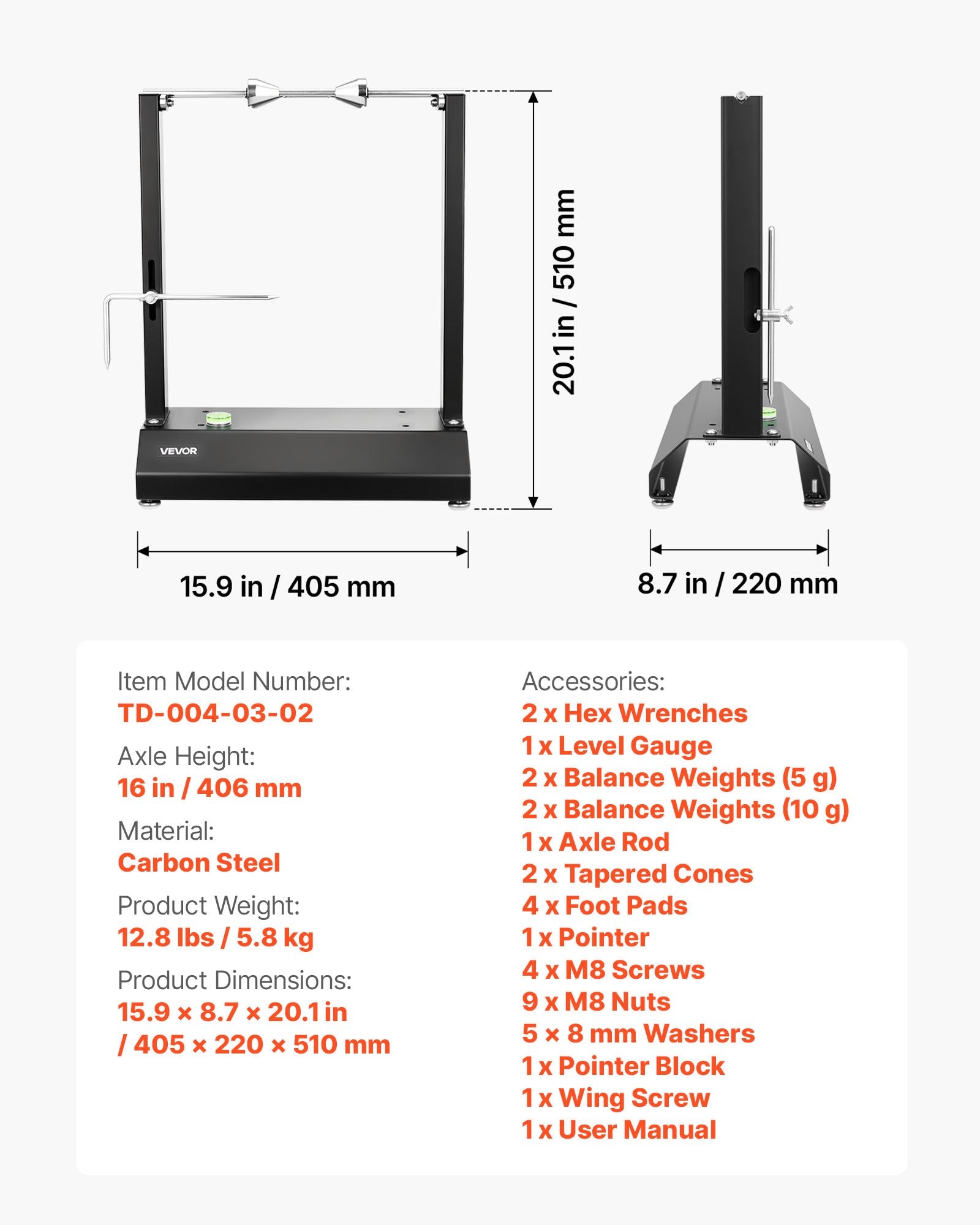 Motociklų ratų balansavimo stendas VEVOR TD-004-03-02, 40 kg keliamoji galia