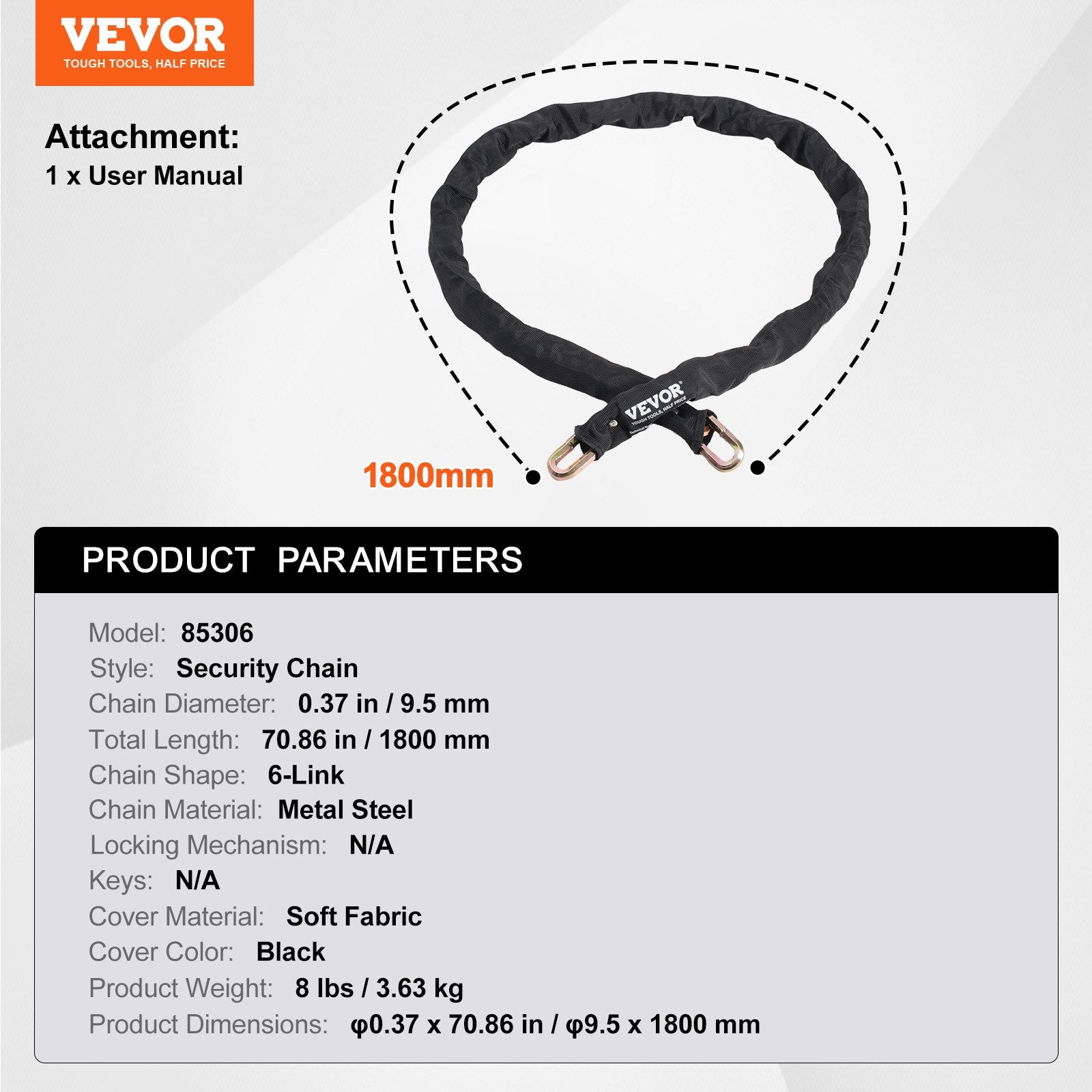 Dviračio grandinės užraktas VEVOR 85306, 180 cm