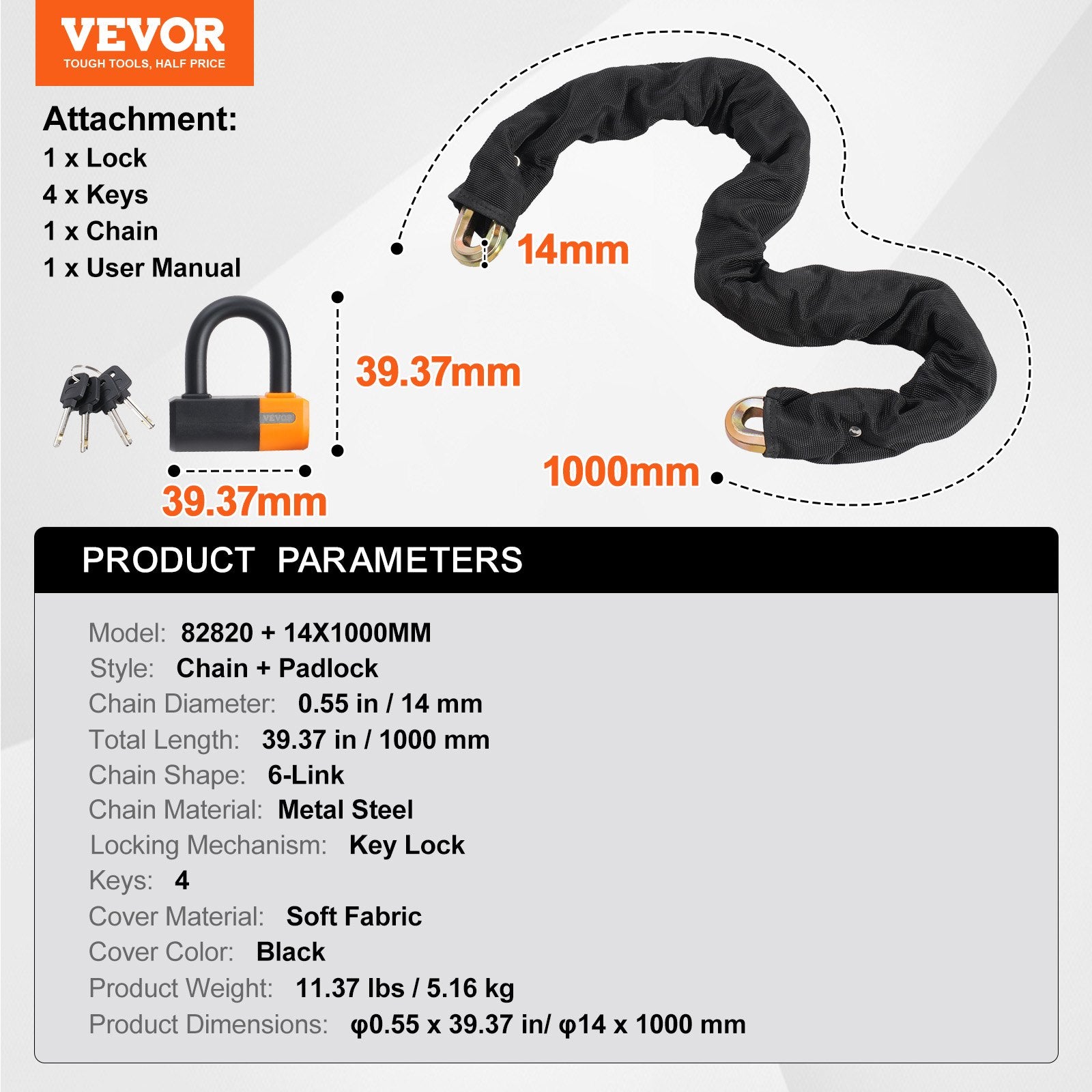 Dviračio grandinės užraktas VEVOR 82820 + 14X1000CM, 14 mm