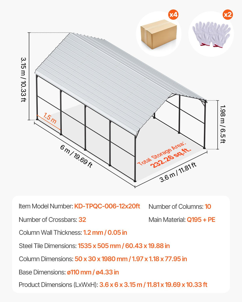 Metalinė stoginė automobiliui VEVOR KD-TPQC-006-12x20ft, 3,6 x 6 m