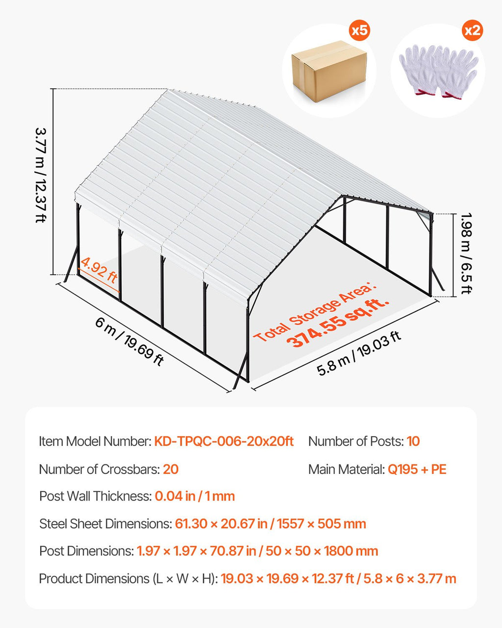Metalinė stoginė automobiliui VEVOR KD-TPQC-006-20x20ft, 5,8 x 6 x 3,77 m