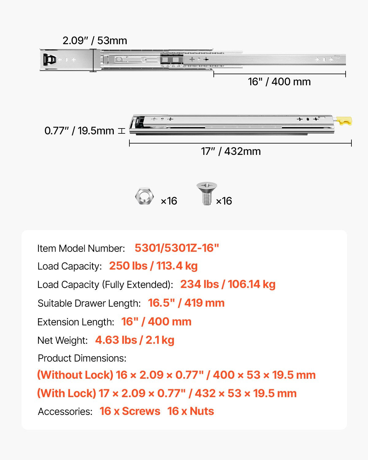Pilno ištraukimo stalčių bėgeliai VEVOR 5301/5301Z-16", 113 kg apkrova