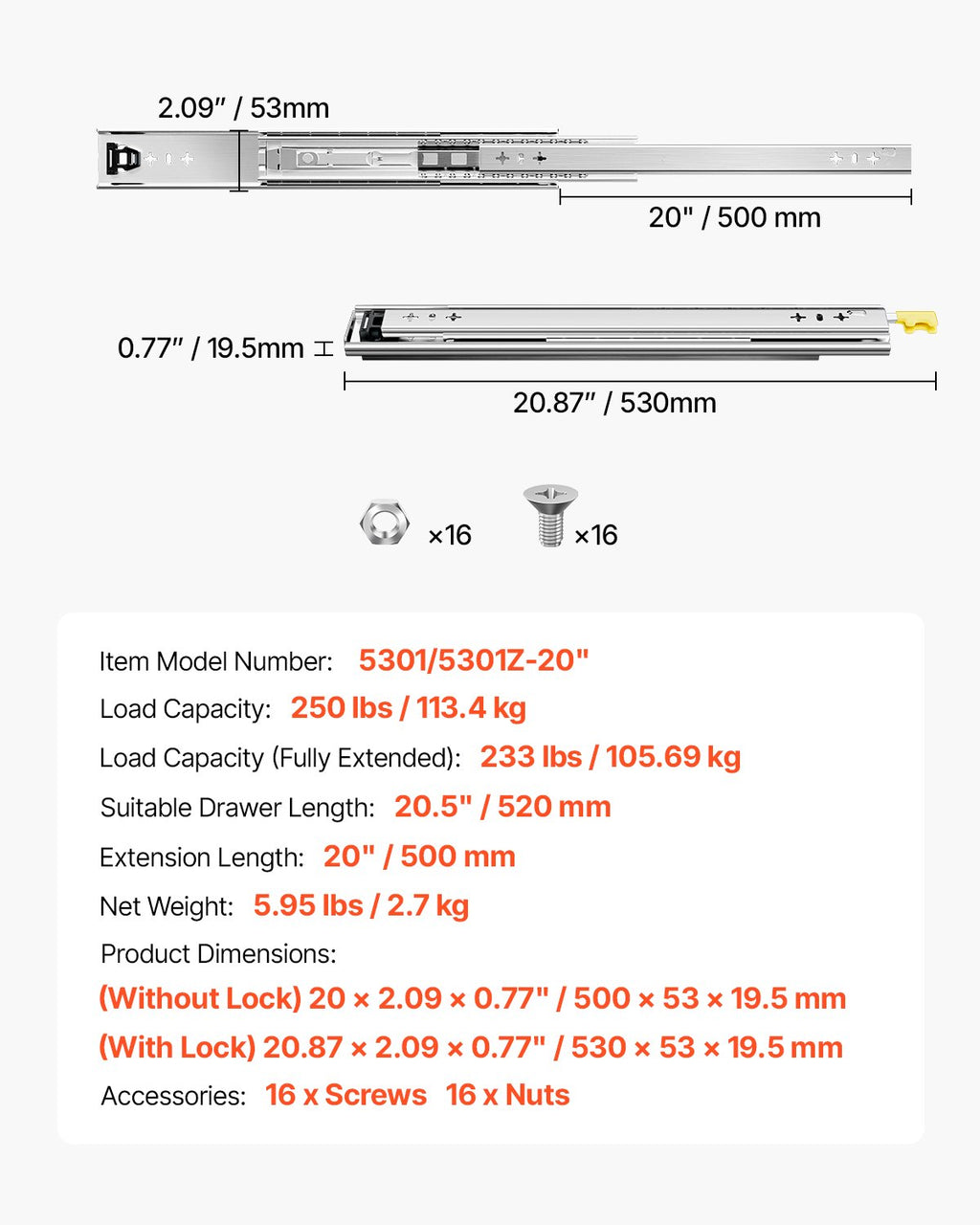 Stalčių bėgeliai VEVOR 5301/5301Z-20", 113 kg apkrova