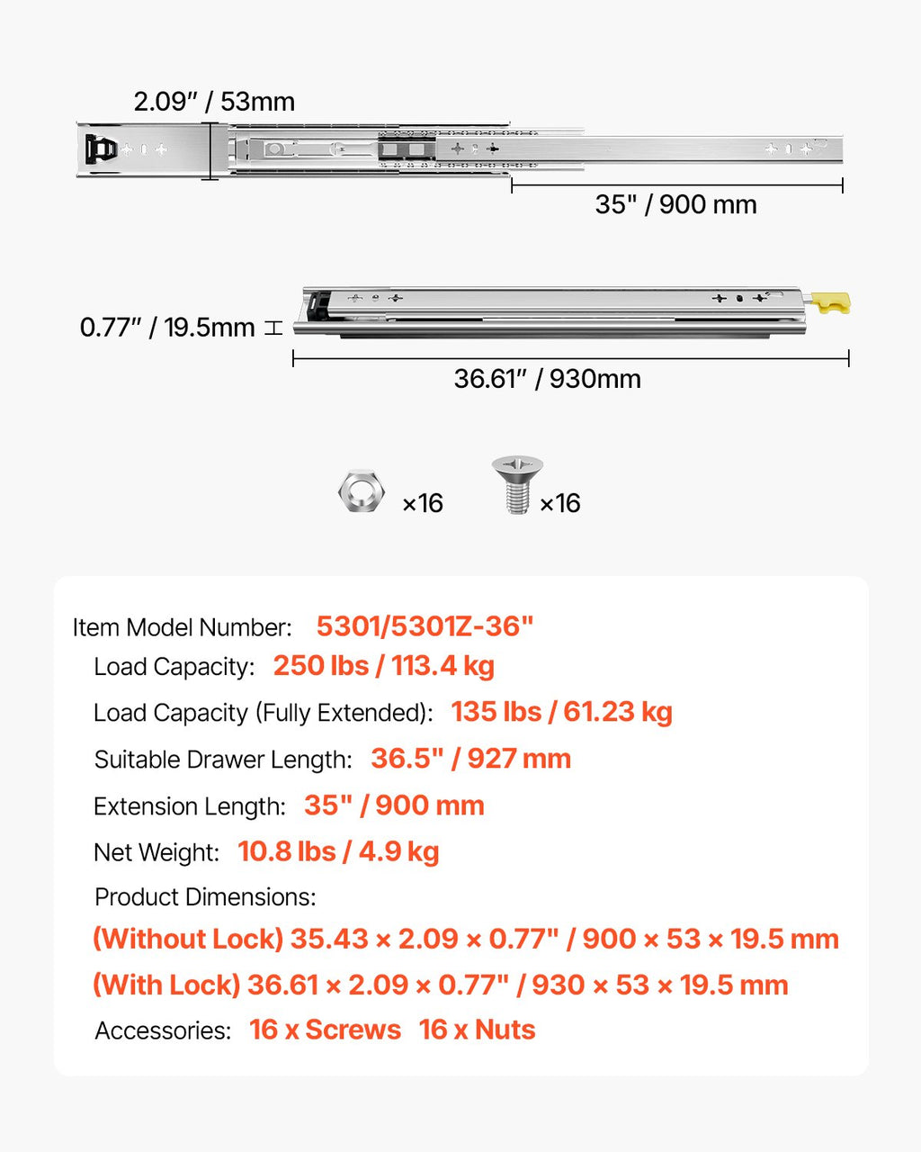 Stalčių bėgeliai VEVOR 5301/5301Z-36", 113 kg apkrova