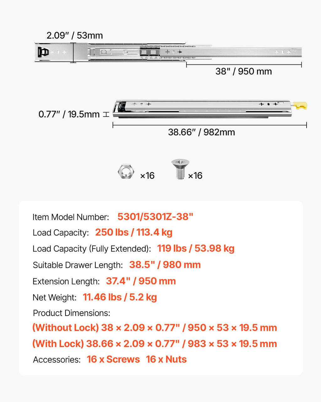 Stalčių bėgeliai VEVOR 5301/5301Z-38", 113 kg keliamoji galia