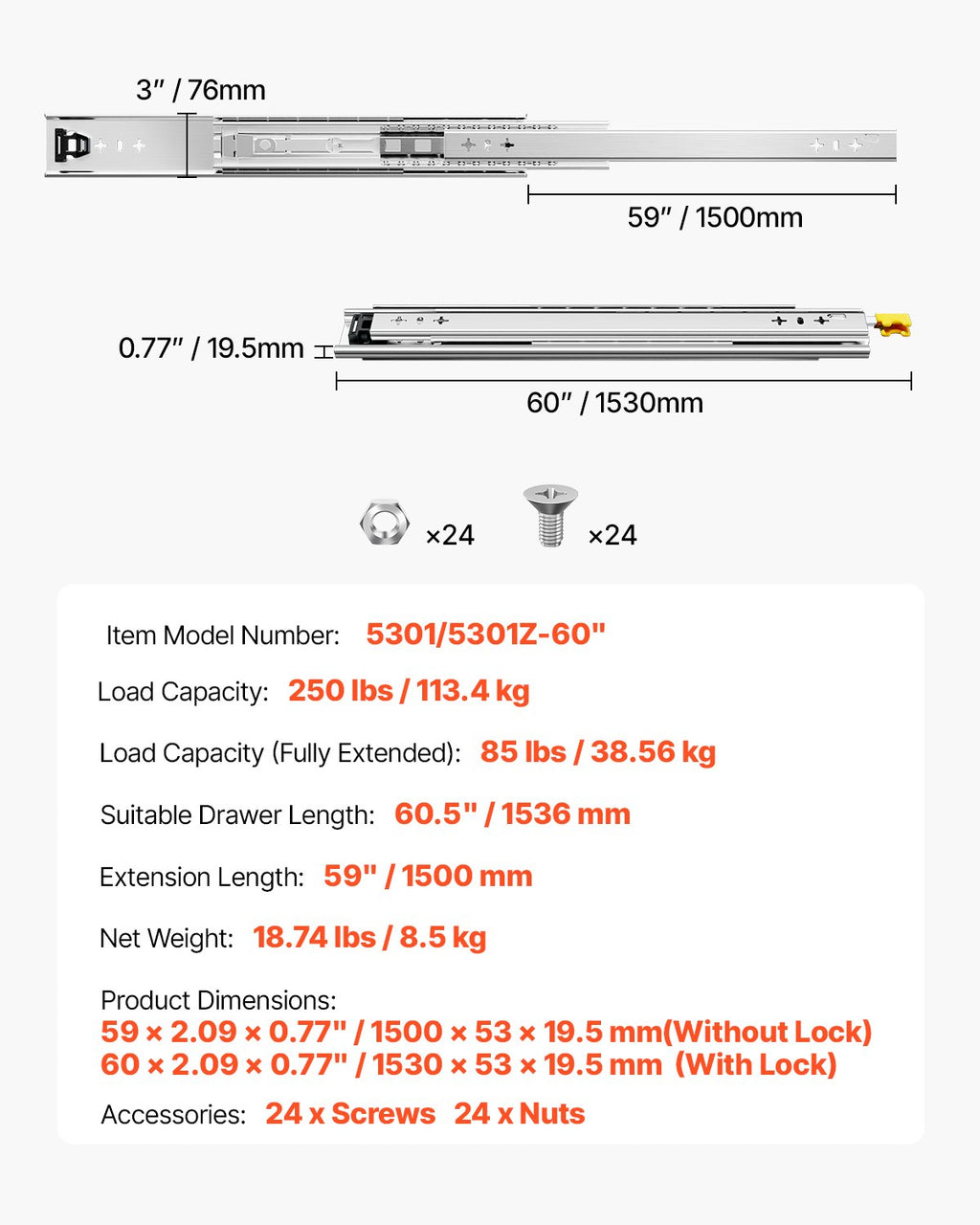 Stalčių bėgeliai VEVOR 5301/5301Z-60", 113 kg apkrova