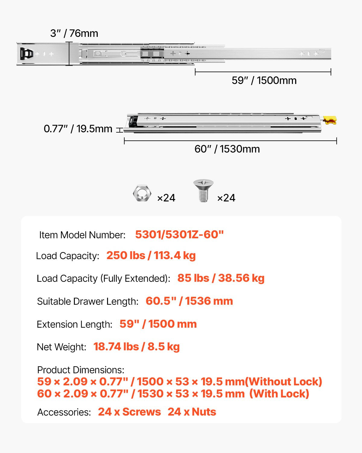 Stalčių bėgeliai VEVOR 5301/5301Z-60", 113 kg apkrova