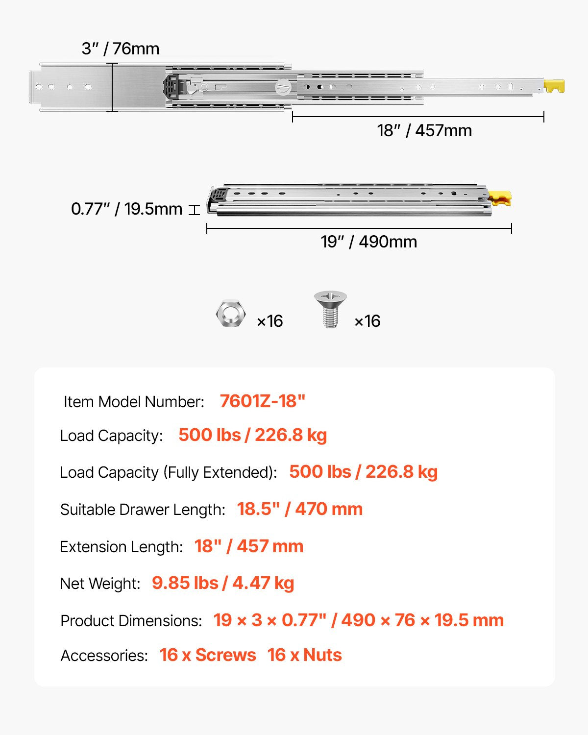 Stalčių bėgeliai VEVOR 7601Z-18", 226,8 kg apkrova