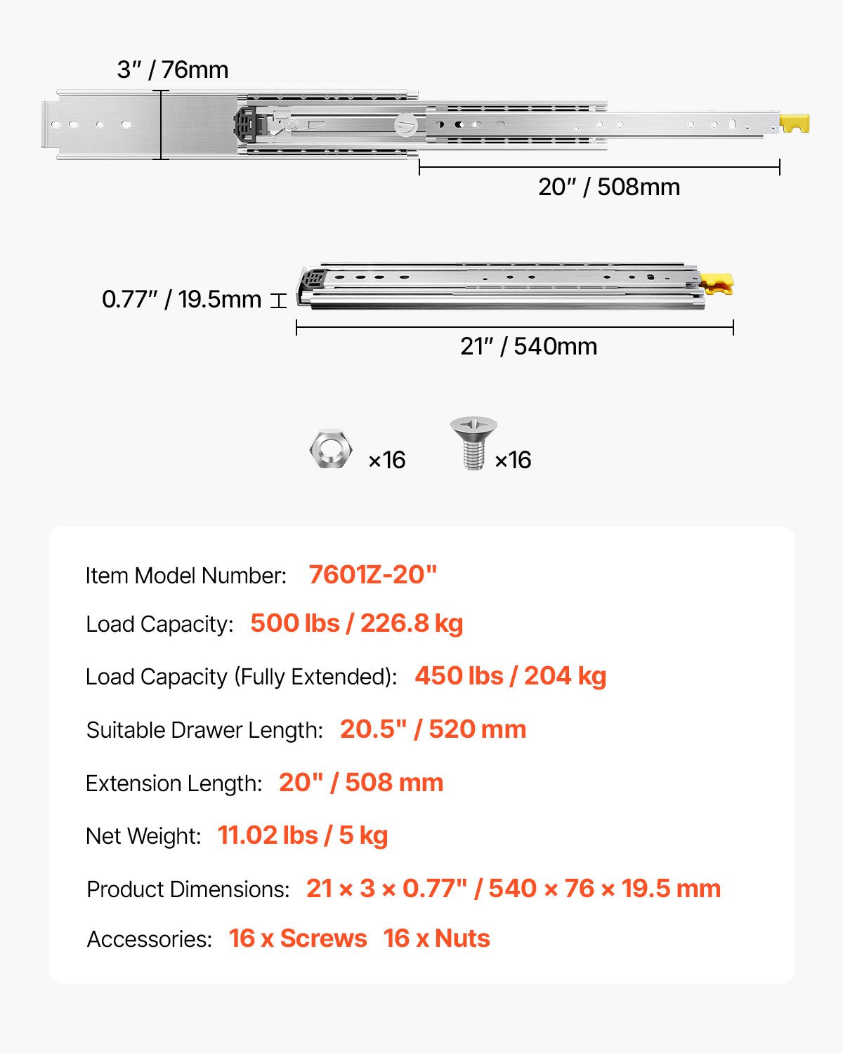 Stalčių bėgeliai VEVOR 7601Z-20", 226,8 kg apkrova