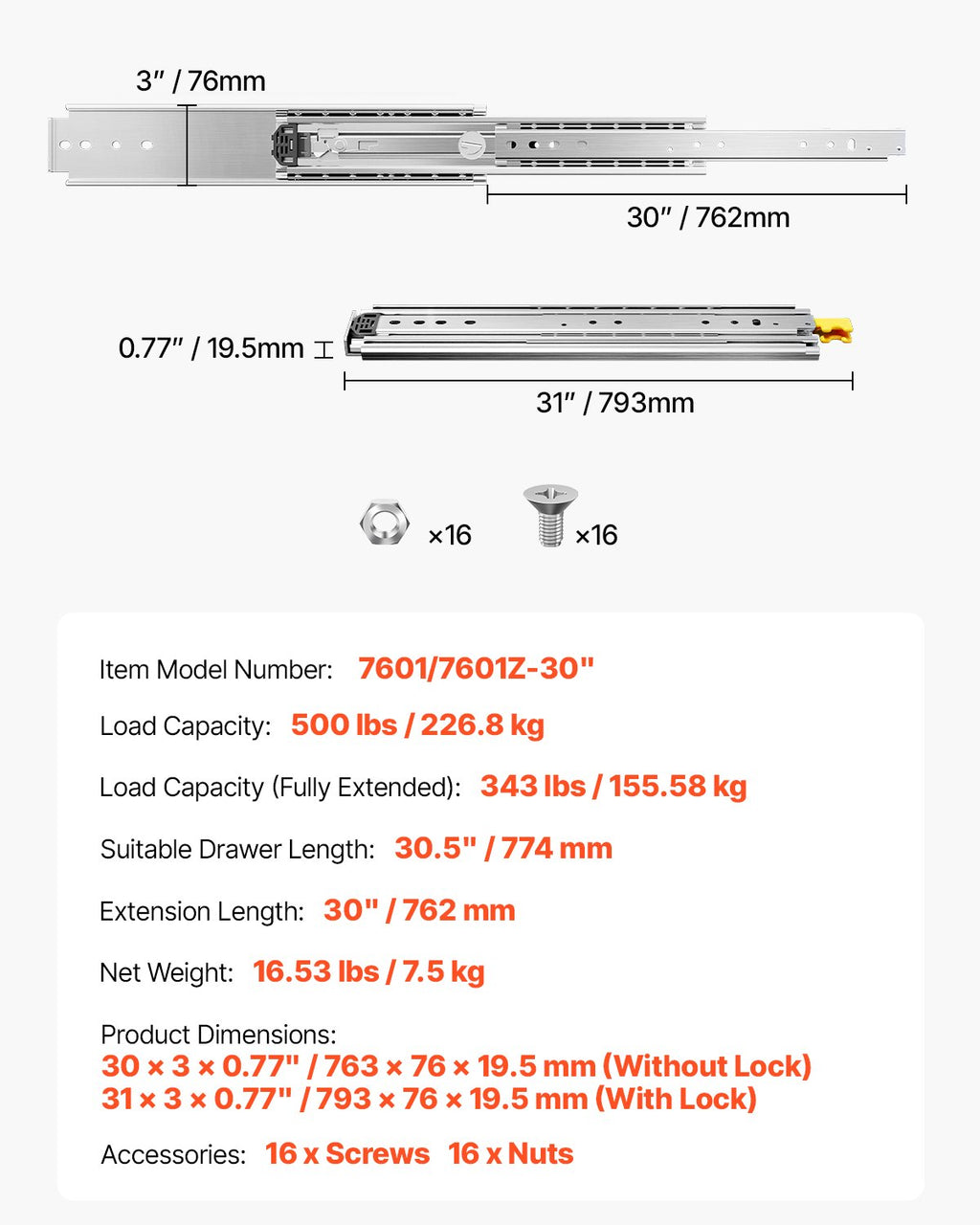 Stalčių bėgeliai VEVOR 7601/7601Z-30", 226,8 kg apkrova