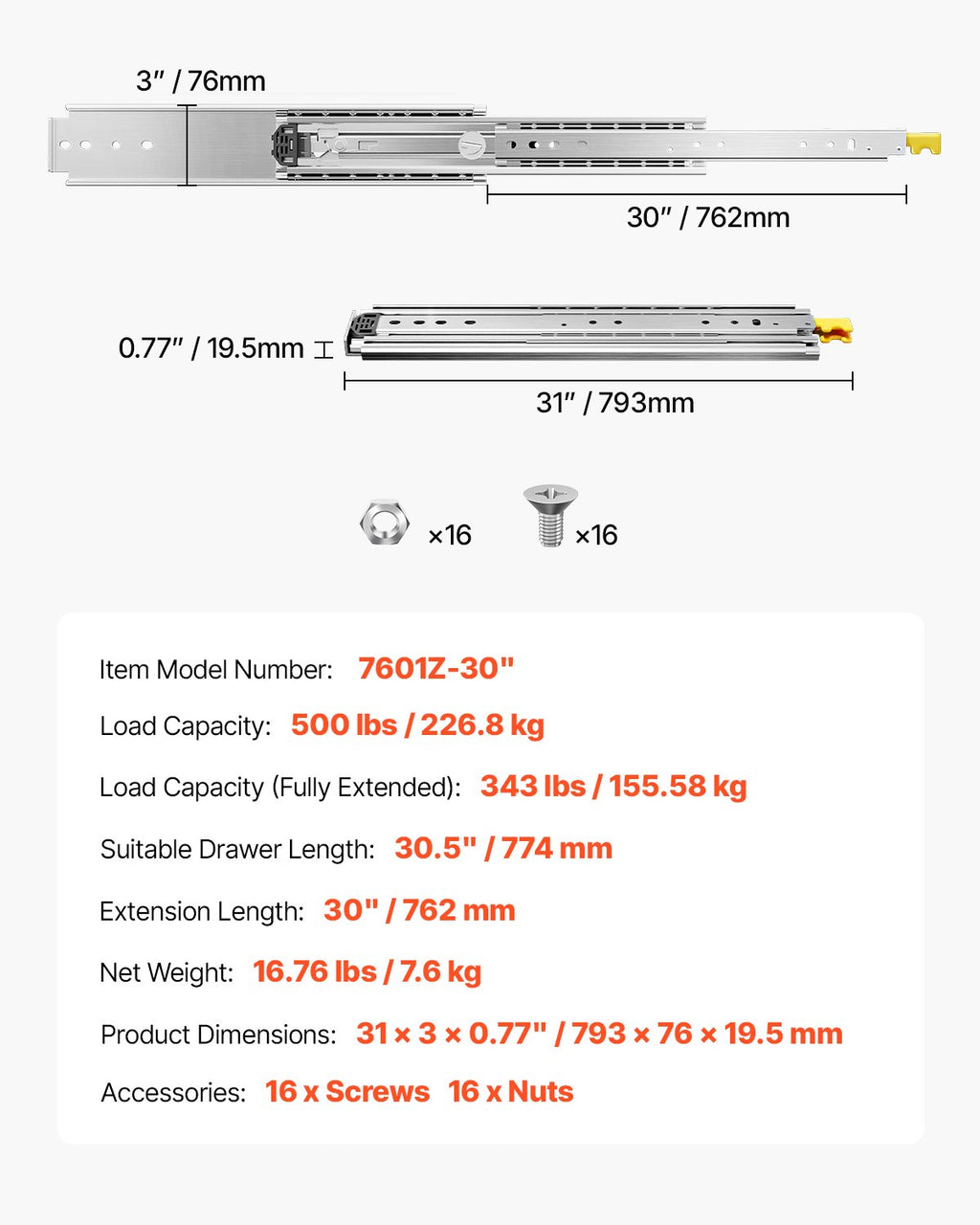 Stalčių bėgeliai VEVOR 7601Z-30", 226 kg apkrova