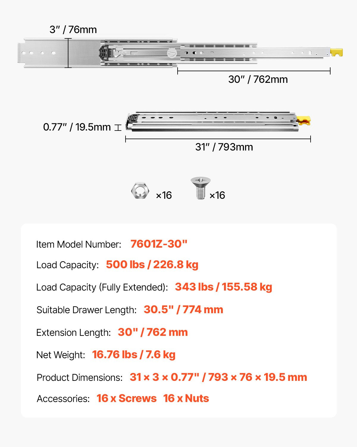 Stalčių bėgeliai VEVOR 7601Z-30", 226 kg apkrova