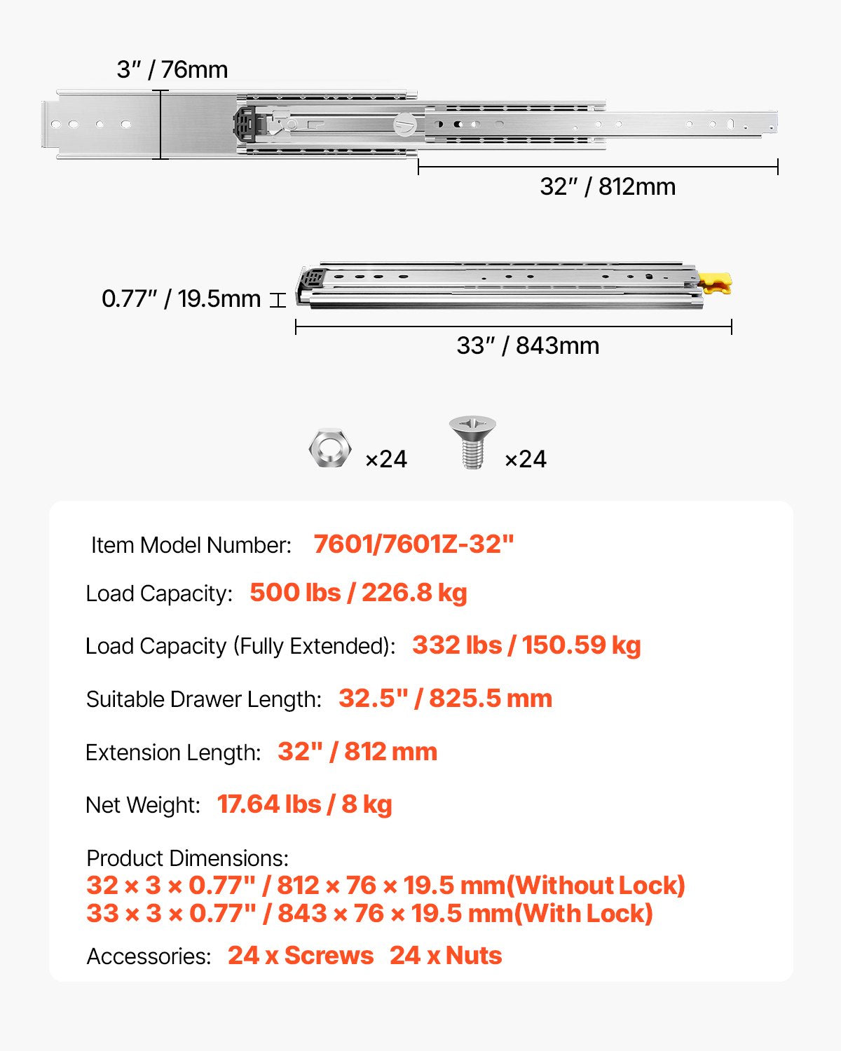 Stalčių bėgeliai VEVOR 7601/7601Z-32", 226,8 kg apkrova