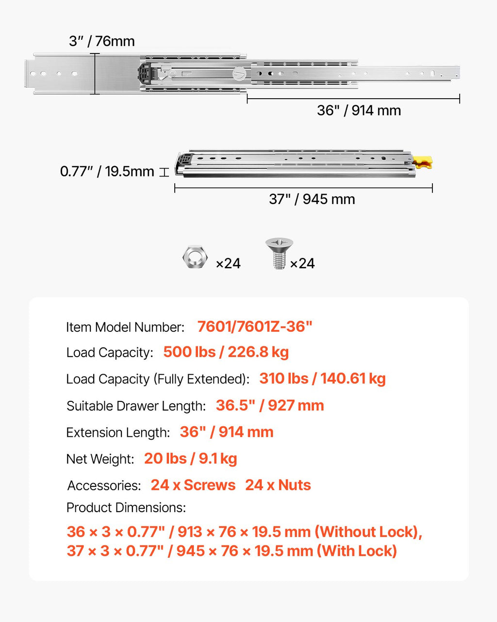 Stalčių bėgeliai VEVOR 7601/7601Z-36", 226,8 kg apkrova