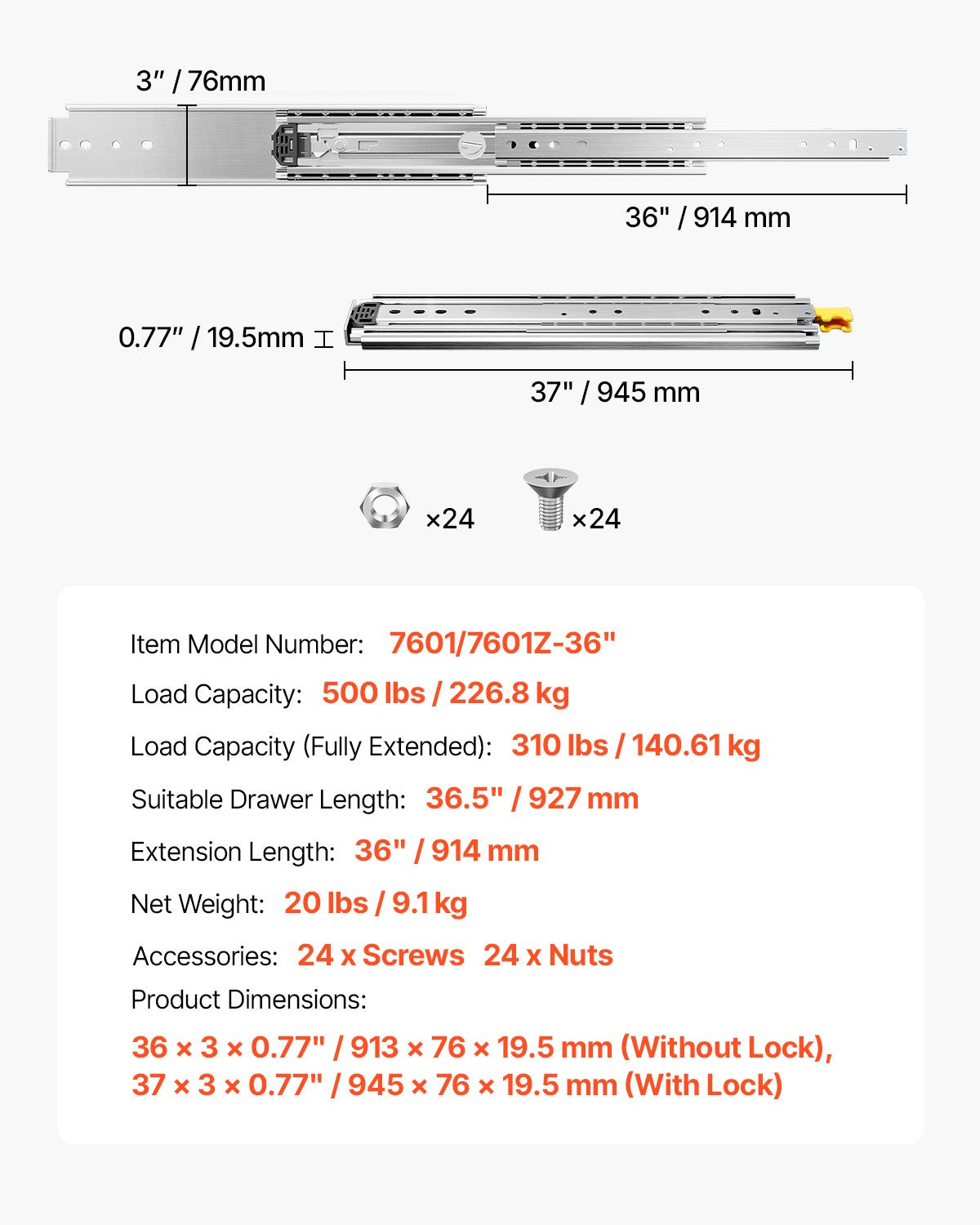Stalčių bėgeliai VEVOR 7601/7601Z-36", 226,8 kg apkrova
