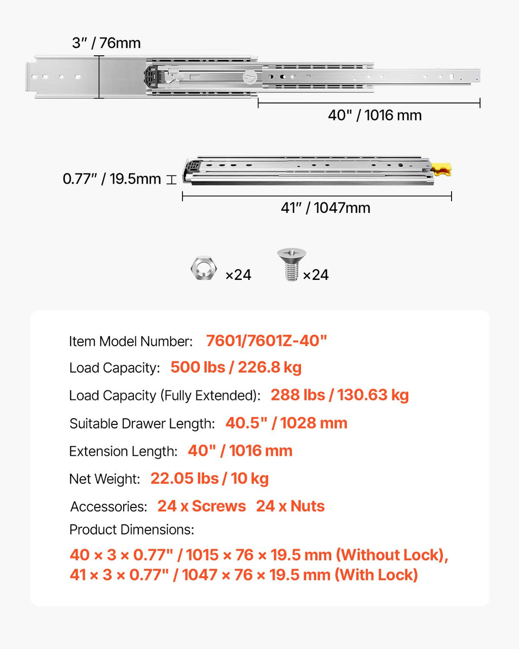 Stalčių bėgeliai VEVOR 7601/7601Z-40", 226,8 kg apkrova