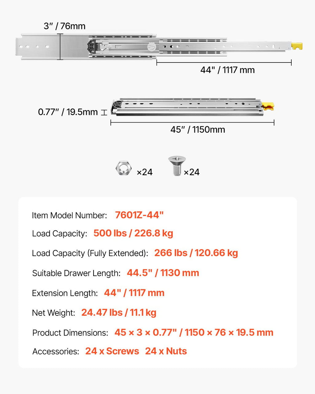 Stalčių bėgeliai VEVOR 7601Z-44", 226,8 kg apkrova