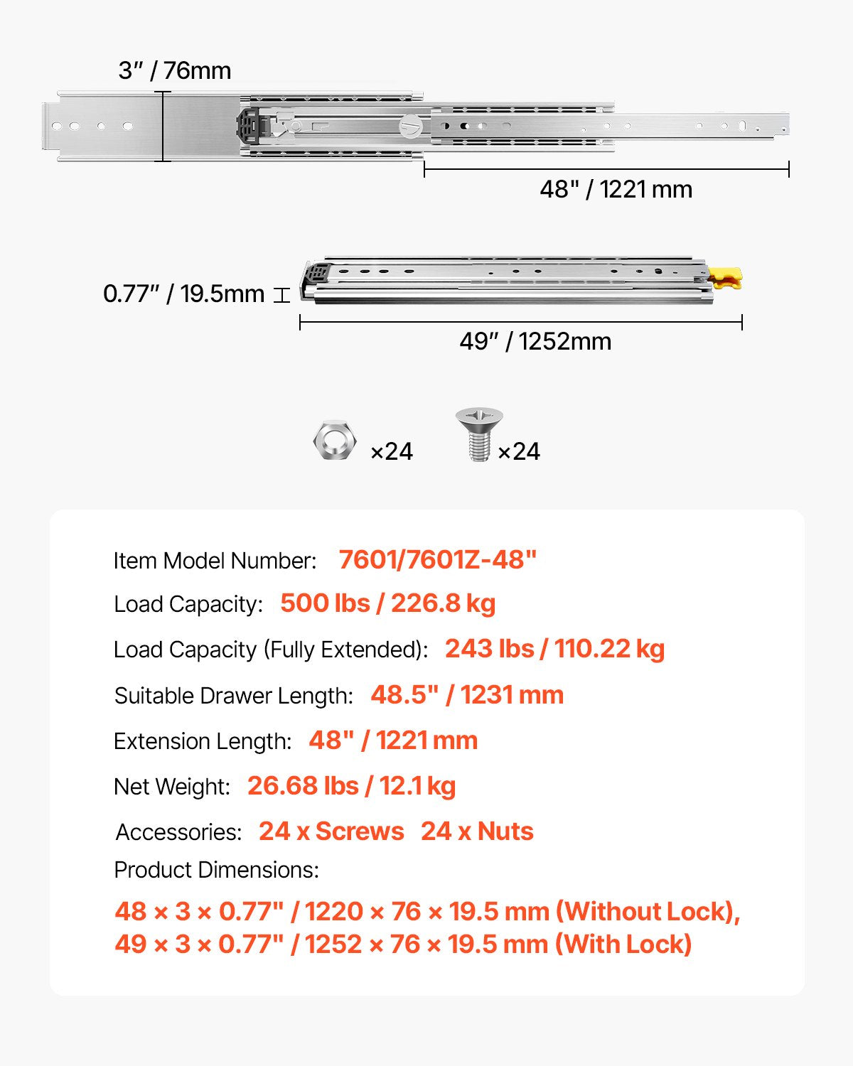 Stalčių bėgeliai VEVOR 7601/7601Z-48", 226,8 kg apkrova