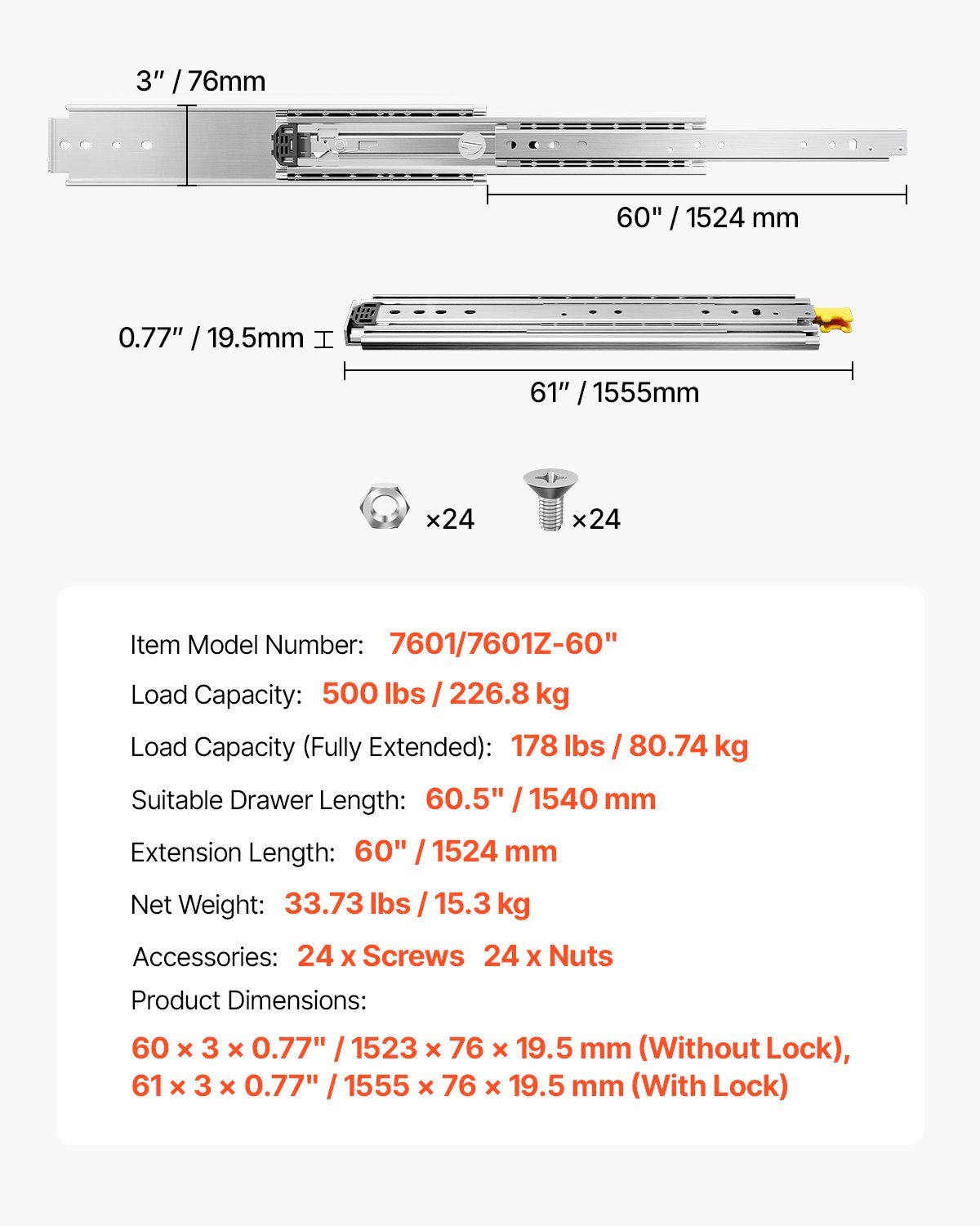 Stalčių bėgeliai VEVOR 7601/7601Z-60", 226,8 kg apkrova