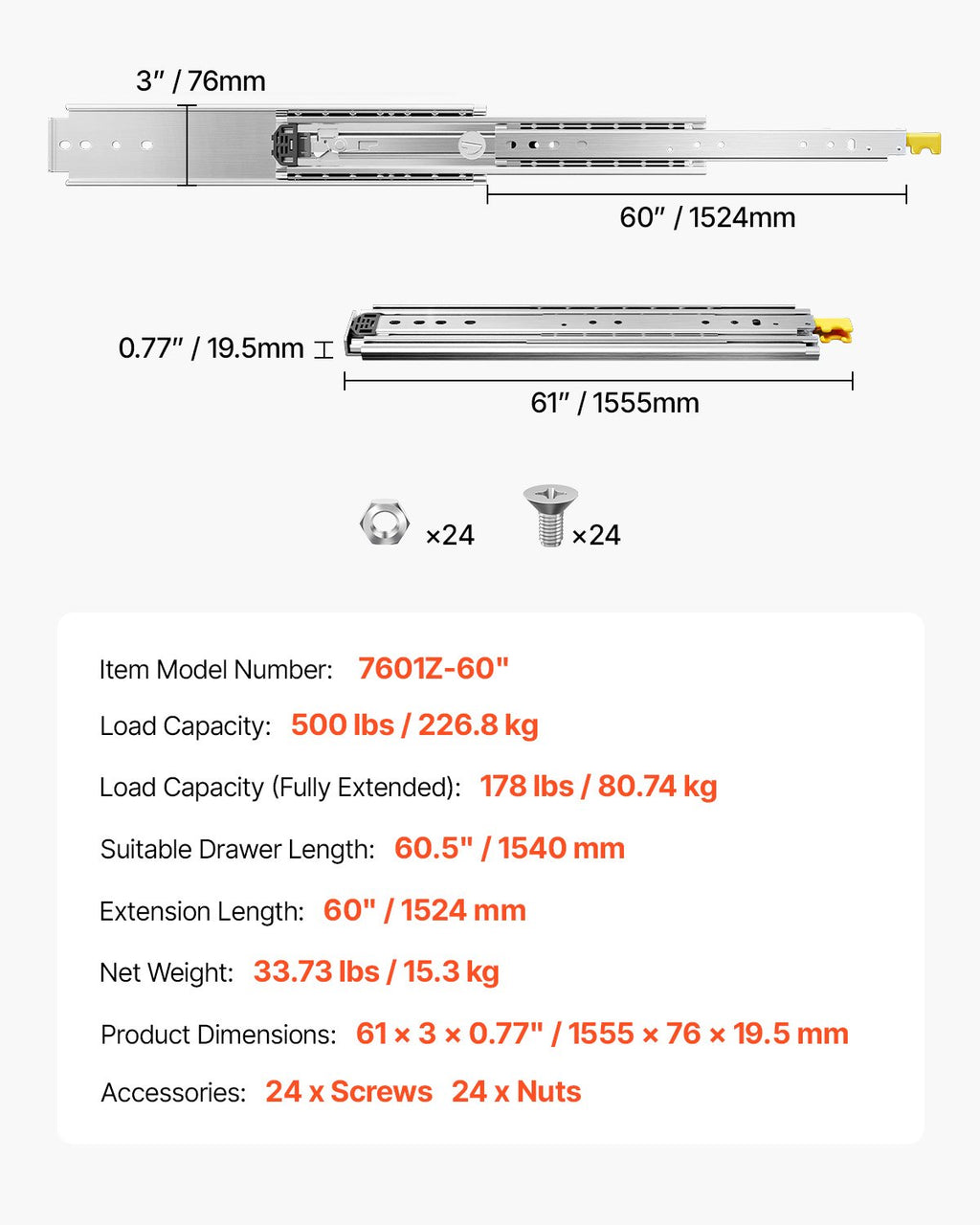 Stalčių bėgeliai VEVOR 7601Z-60", 226,8 kg apkrova