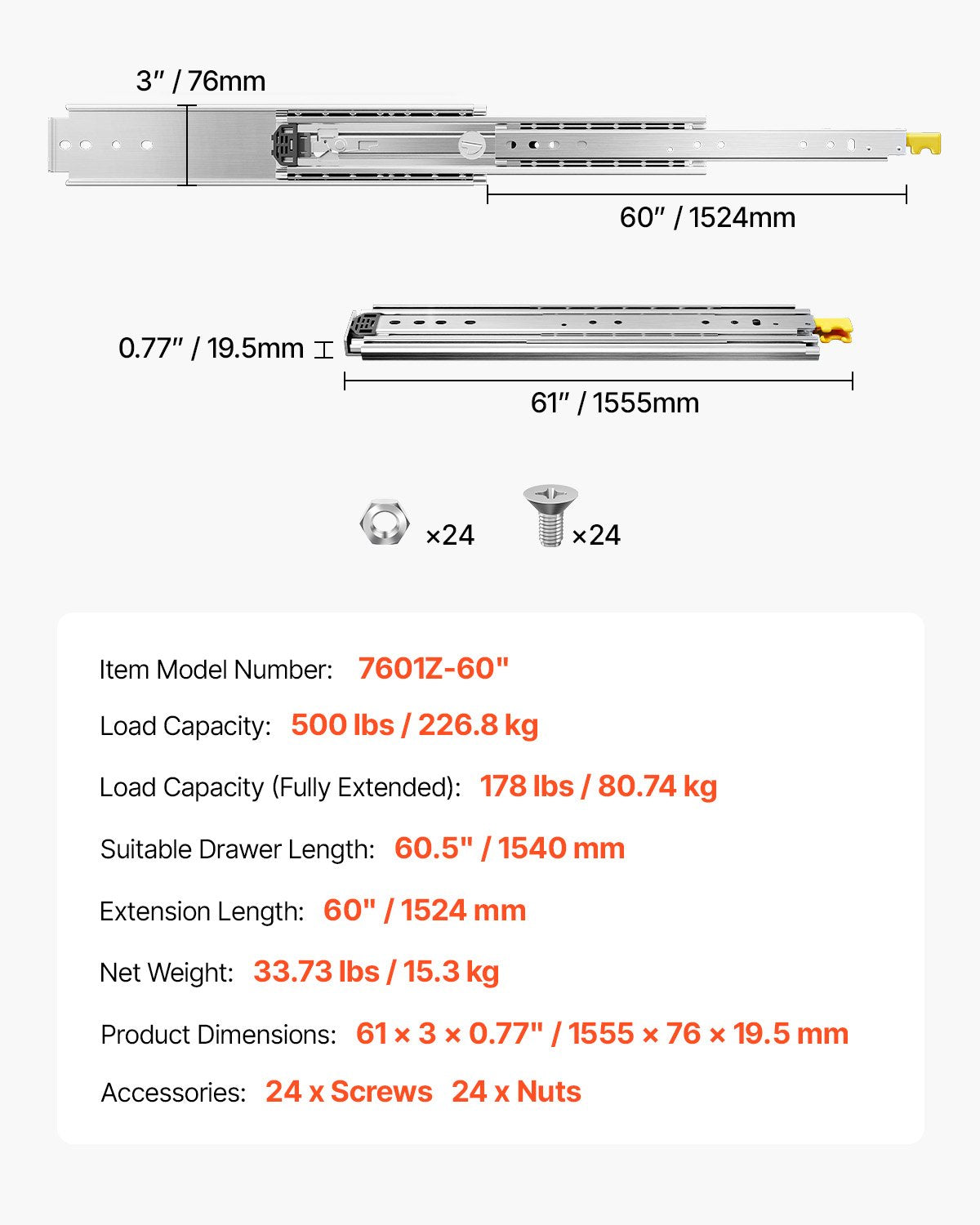 Stalčių bėgeliai VEVOR 7601Z-60", 226,8 kg apkrova