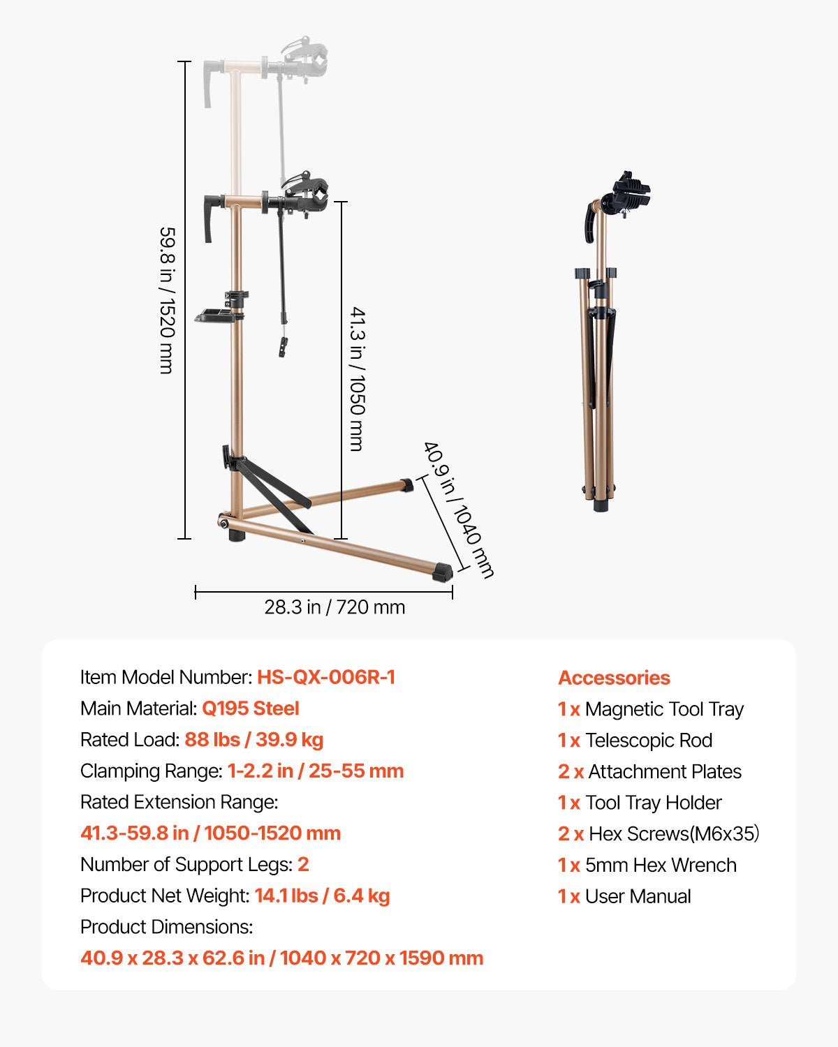 Dviračių remonto stovas VEVOR HS-QX-006R-1, 40 kg keliamoji galia