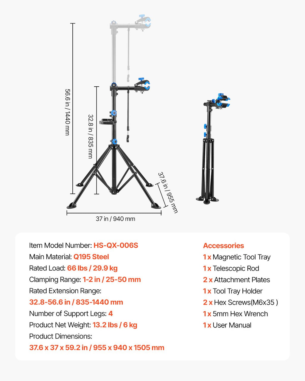 Dviračių remonto stovas VEVOR HS-QX-006S, 30 kg keliamoji galia
