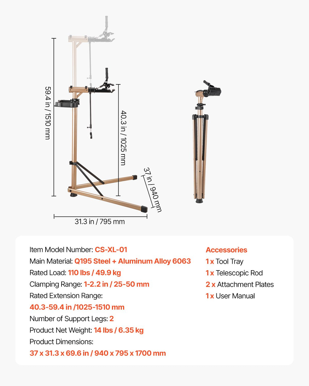 Dviračių remonto stovas VEVOR CS-XL-01, iki 50 kg apkrova