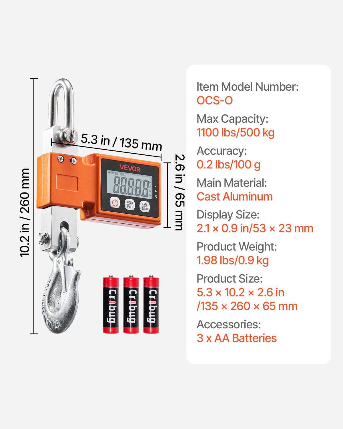 Skaitmeninės kraninės svarstyklės VEVOR OCS-O, 500 kg