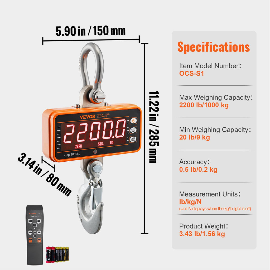 Skaitmeninės kraninės svarstyklės VEVOR OCS-S1, 1000 kg