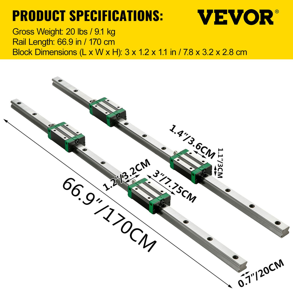 Linijiniai kreipiantieji bėgiai VEVOR HSR20, 1700 mm