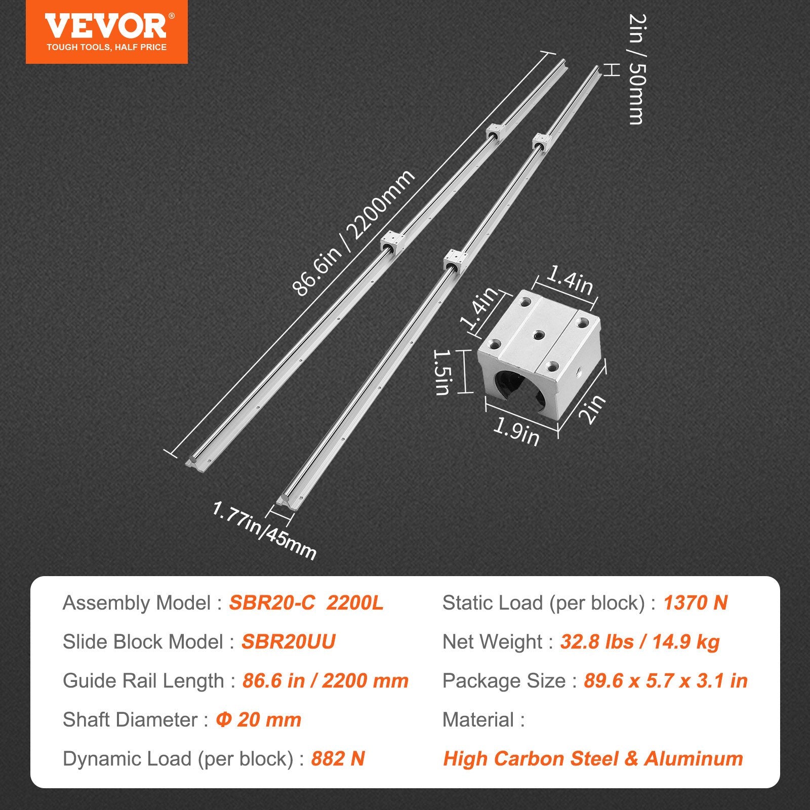 Linijinių kreipiančiųjų rinkinys VEVOR SBR20, 2200 mm