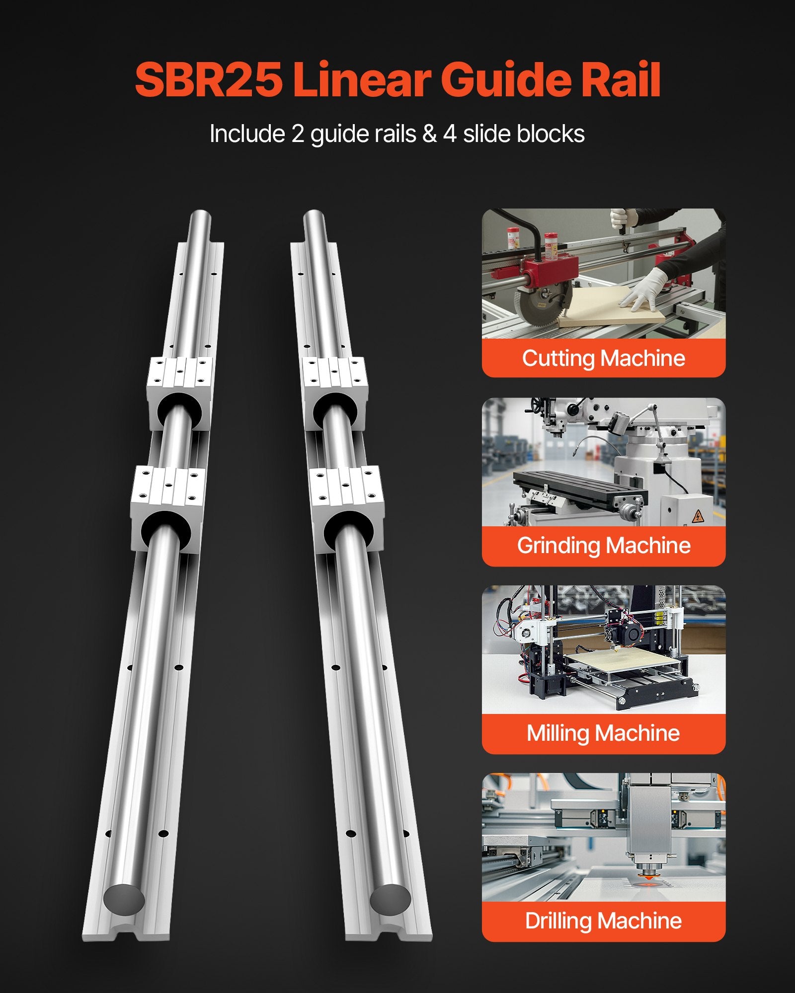 Linijinių kreipiančiųjų rinkinys VEVOR SBR25-C 1200L, 1200 mm