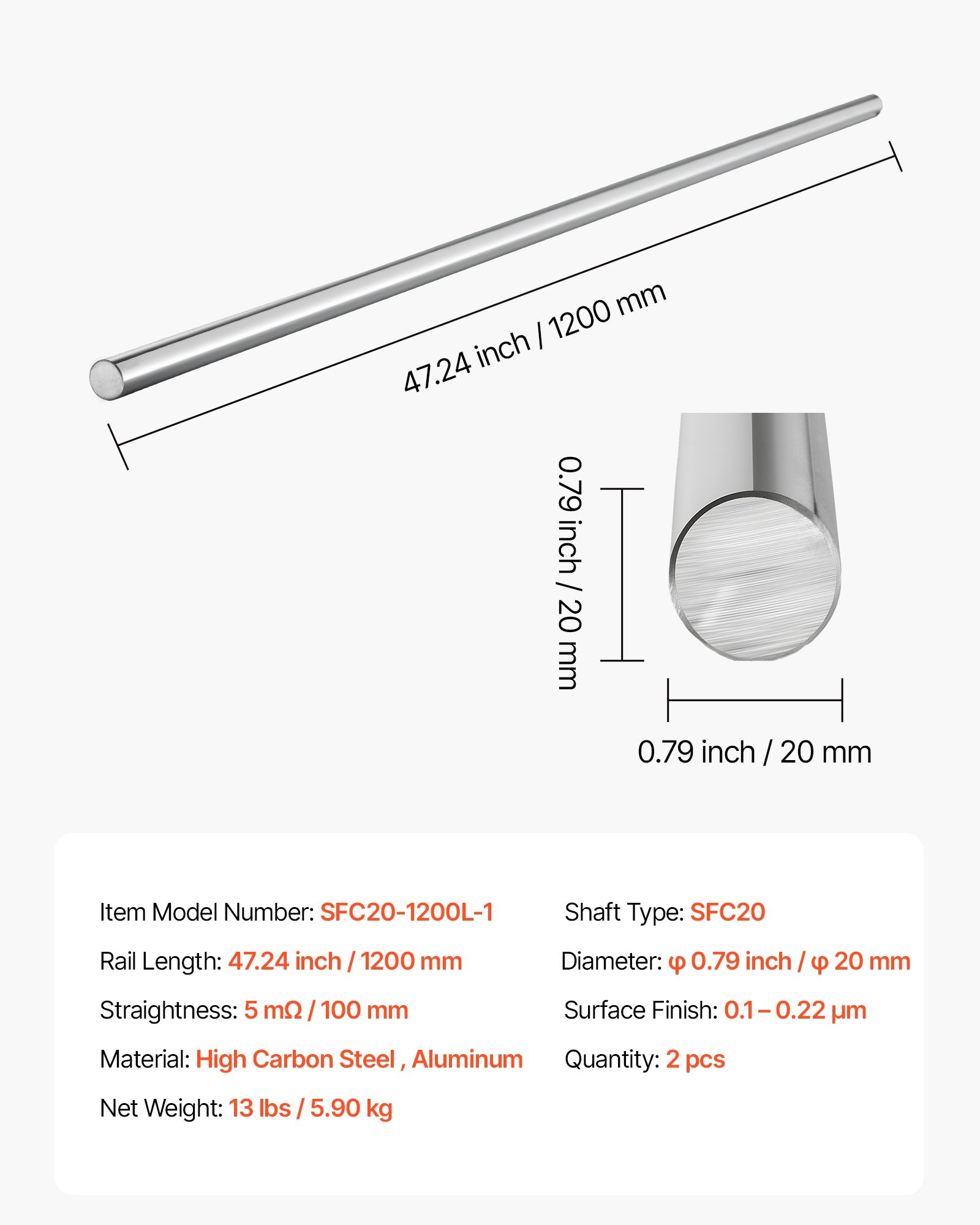 Linijinio judėjimo ašis VEVOR SFC20-1200L-1, 20 mm x 1200 mm, 2 vnt.