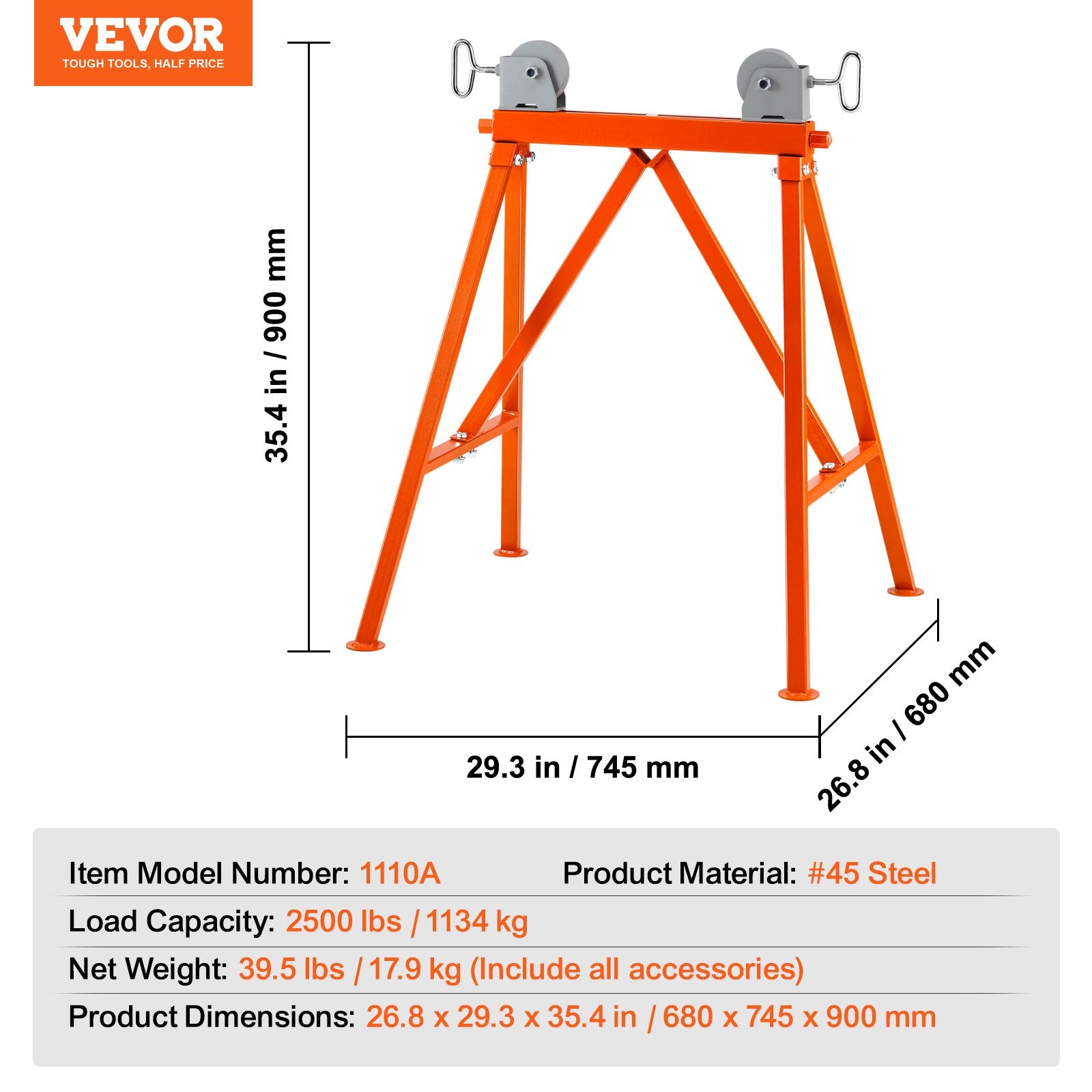 Vamzdžių atrama su ritininiu antgaliu VEVOR 1110A, 1134 kg keliamoji galia