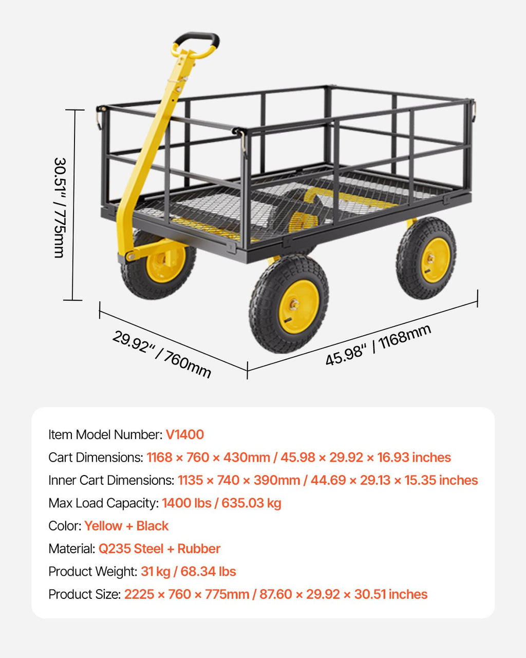 Sodo vežimėlis VEVOR V1400, 635 kg keliamoji galia