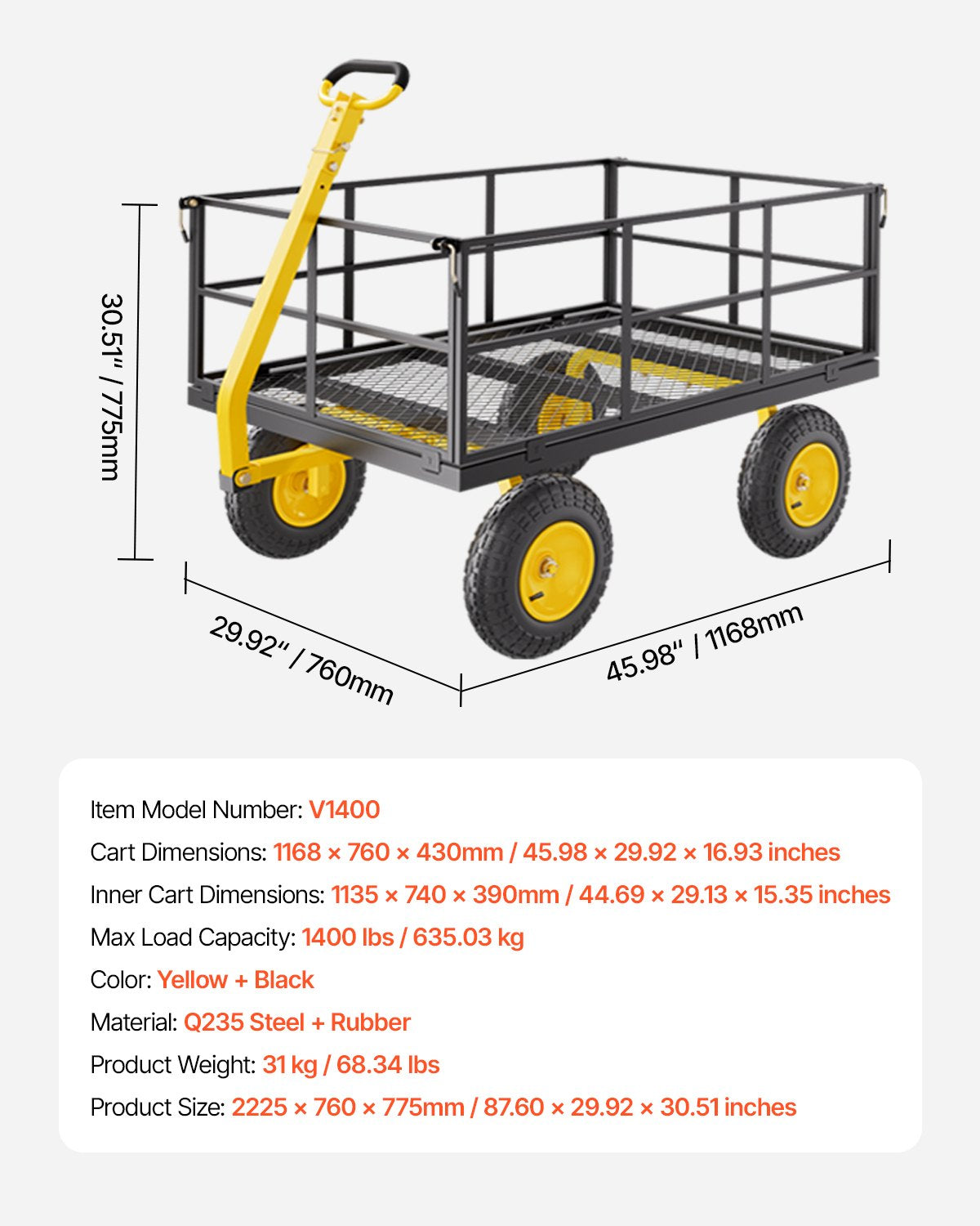 Sodo vežimėlis VEVOR V1400, 635 kg keliamoji galia