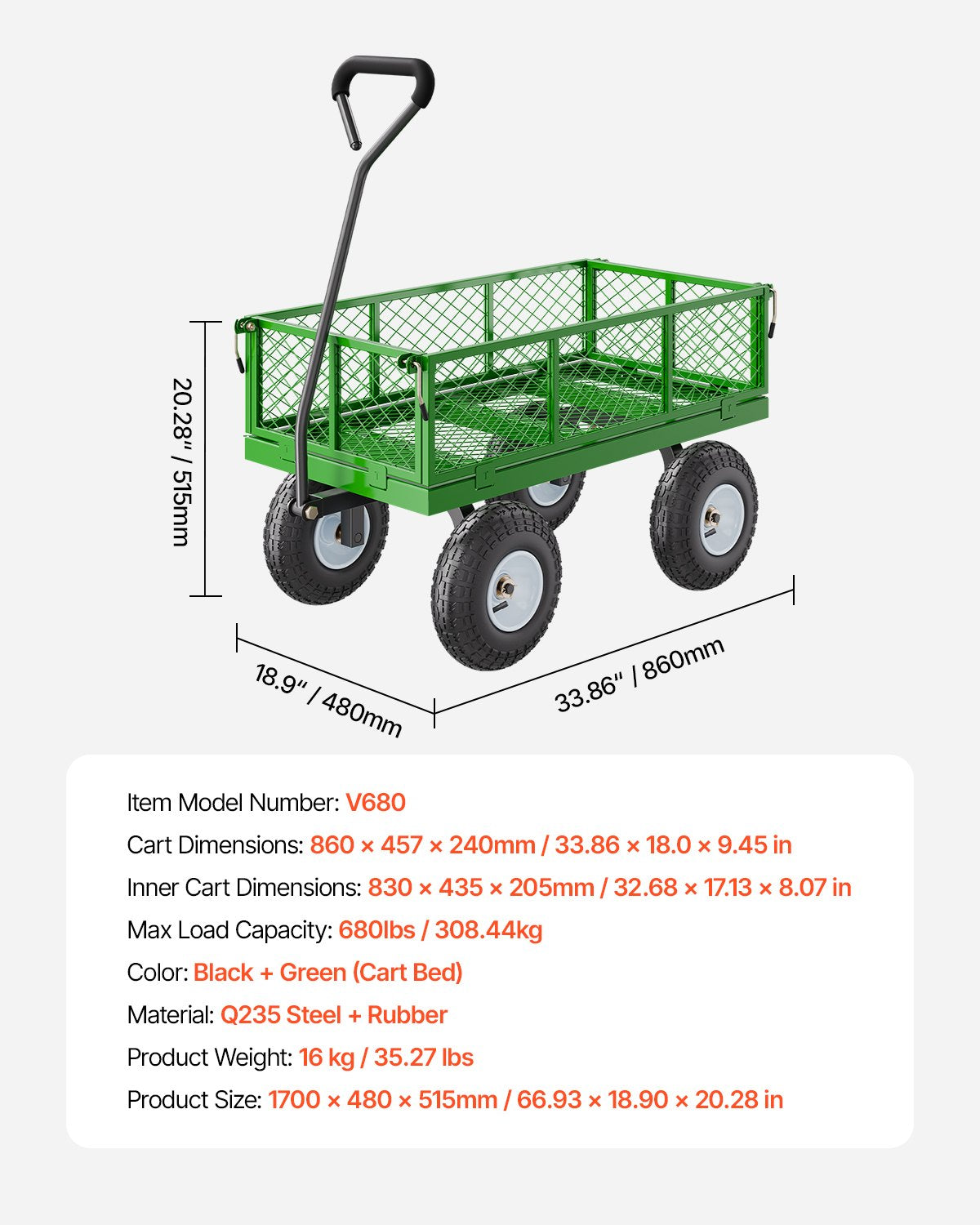 Sodo vežimėlis VEVOR V680, 308 kg keliamoji galia