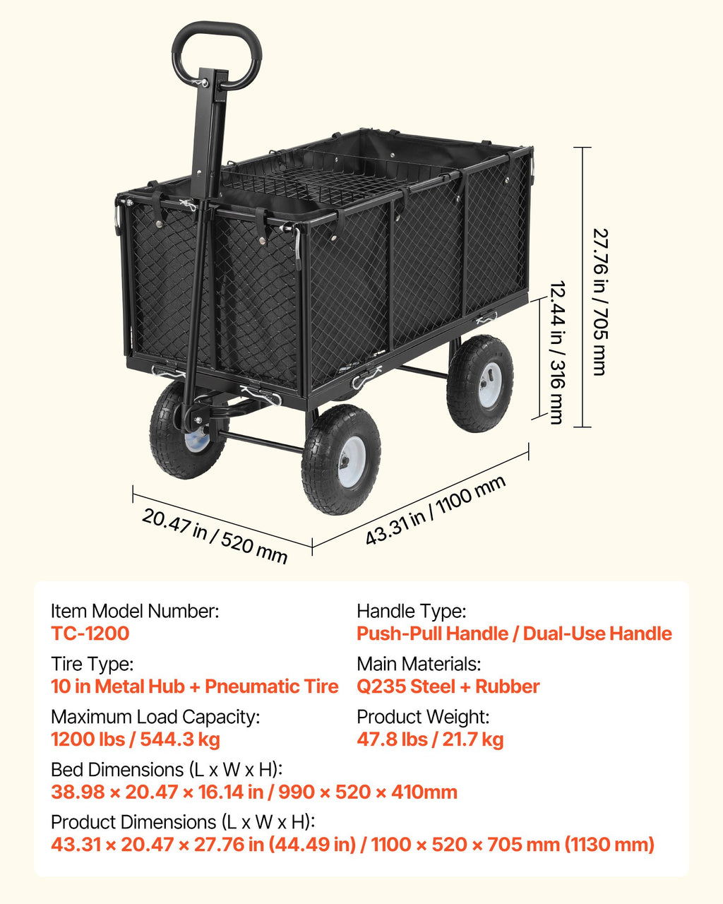 Sodo vežimėlis VEVOR TC-1200, 544,3 kg