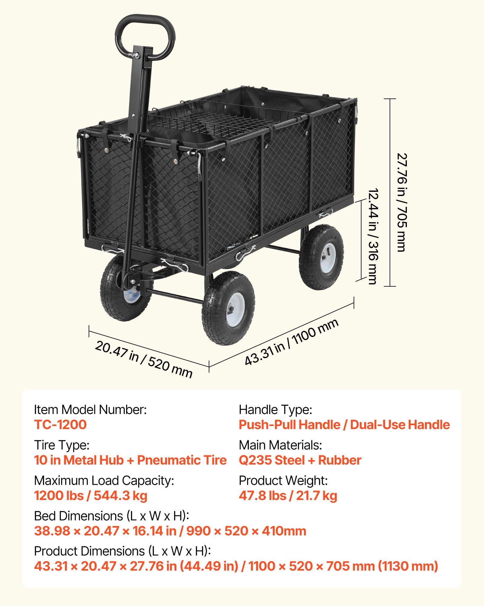 Sodo vežimėlis VEVOR TC-1200, 544,3 kg
