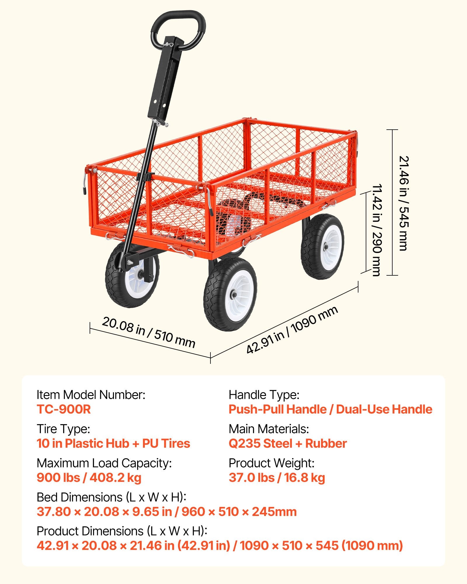 Sodo vežimėlis VEVOR TC-900R, 408,2 kg keliamoji galia
